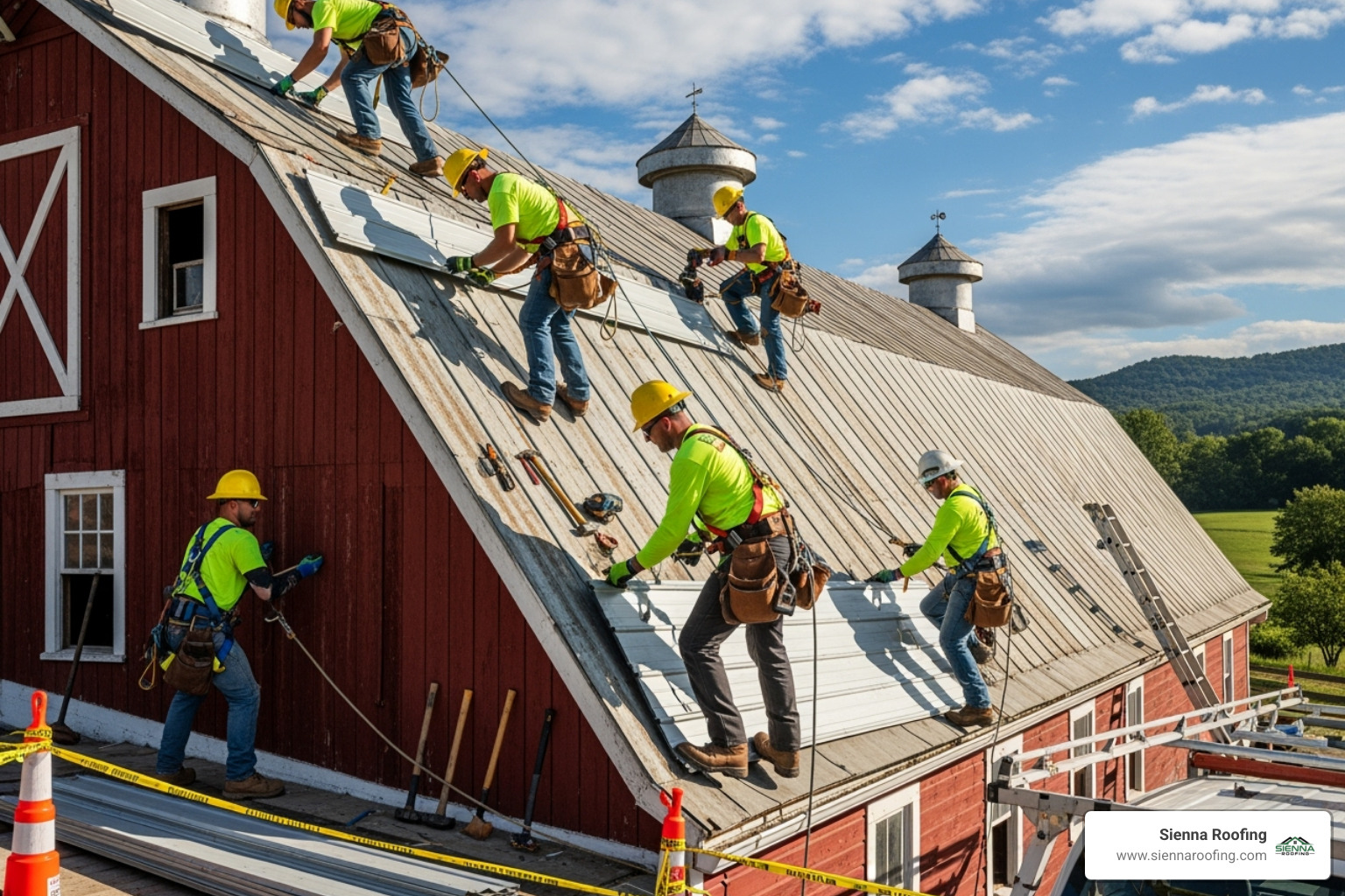 Roofing crew working on a large barn roof with safety harnesses. - barn roof replacement