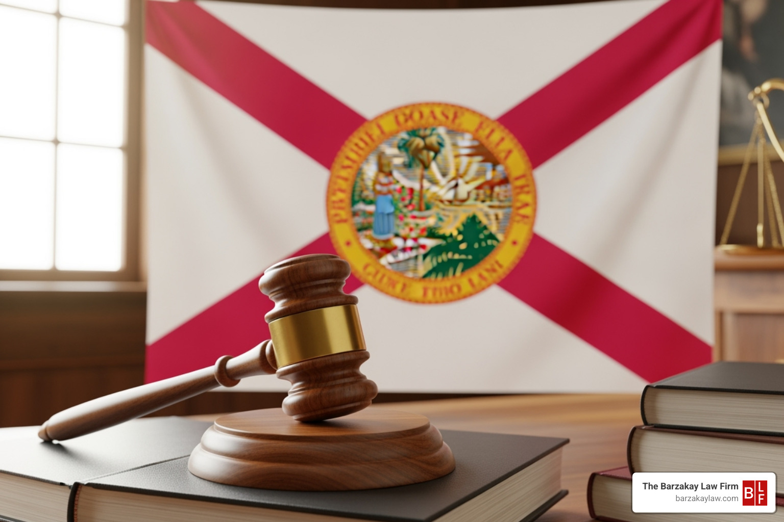 Florida state flag behind a gavel - motorcycle accident fort lauderdale