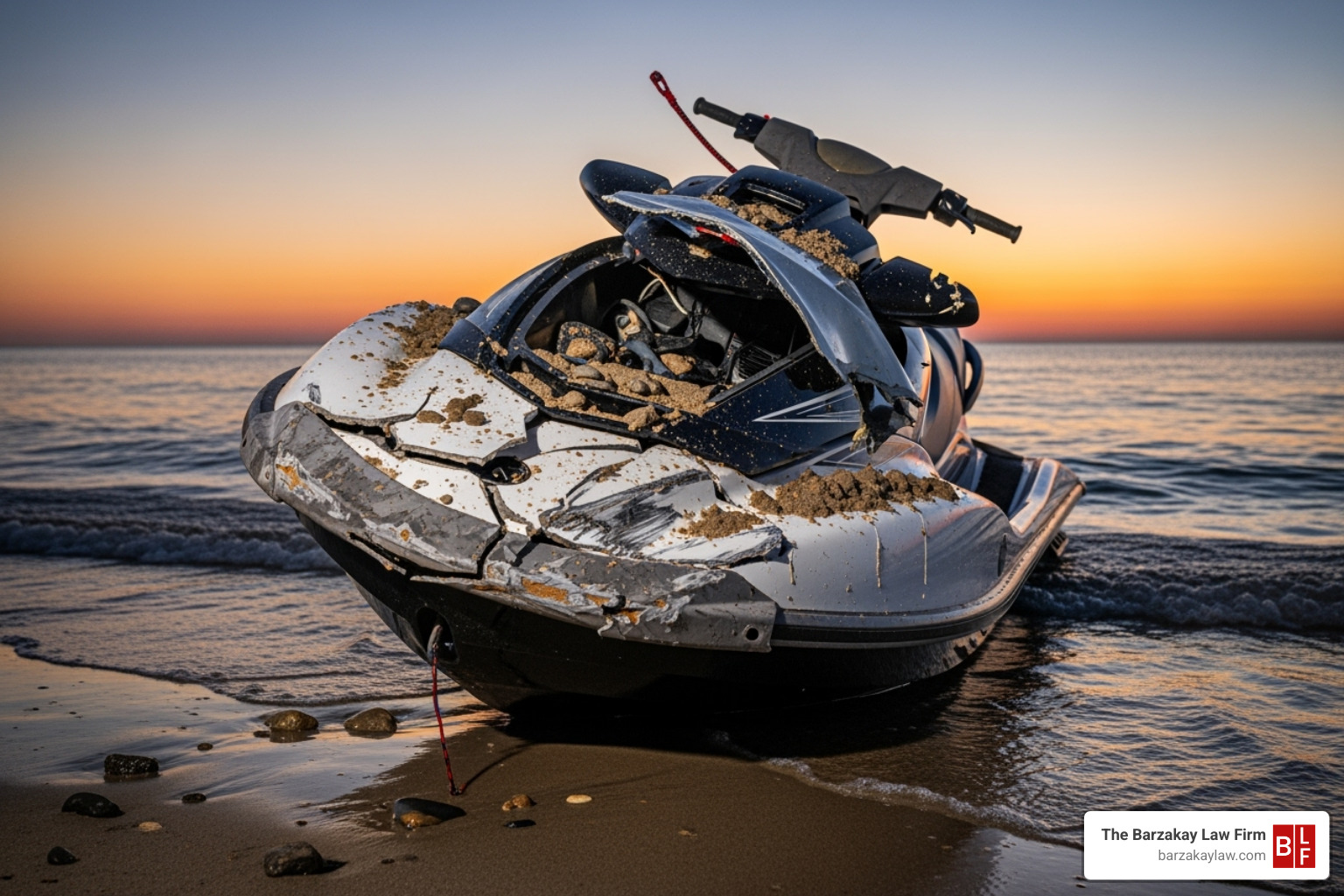 A damaged personal watercraft sits on a shoreline, illustrating the potential severity of boating accidents. - boating accident attorney