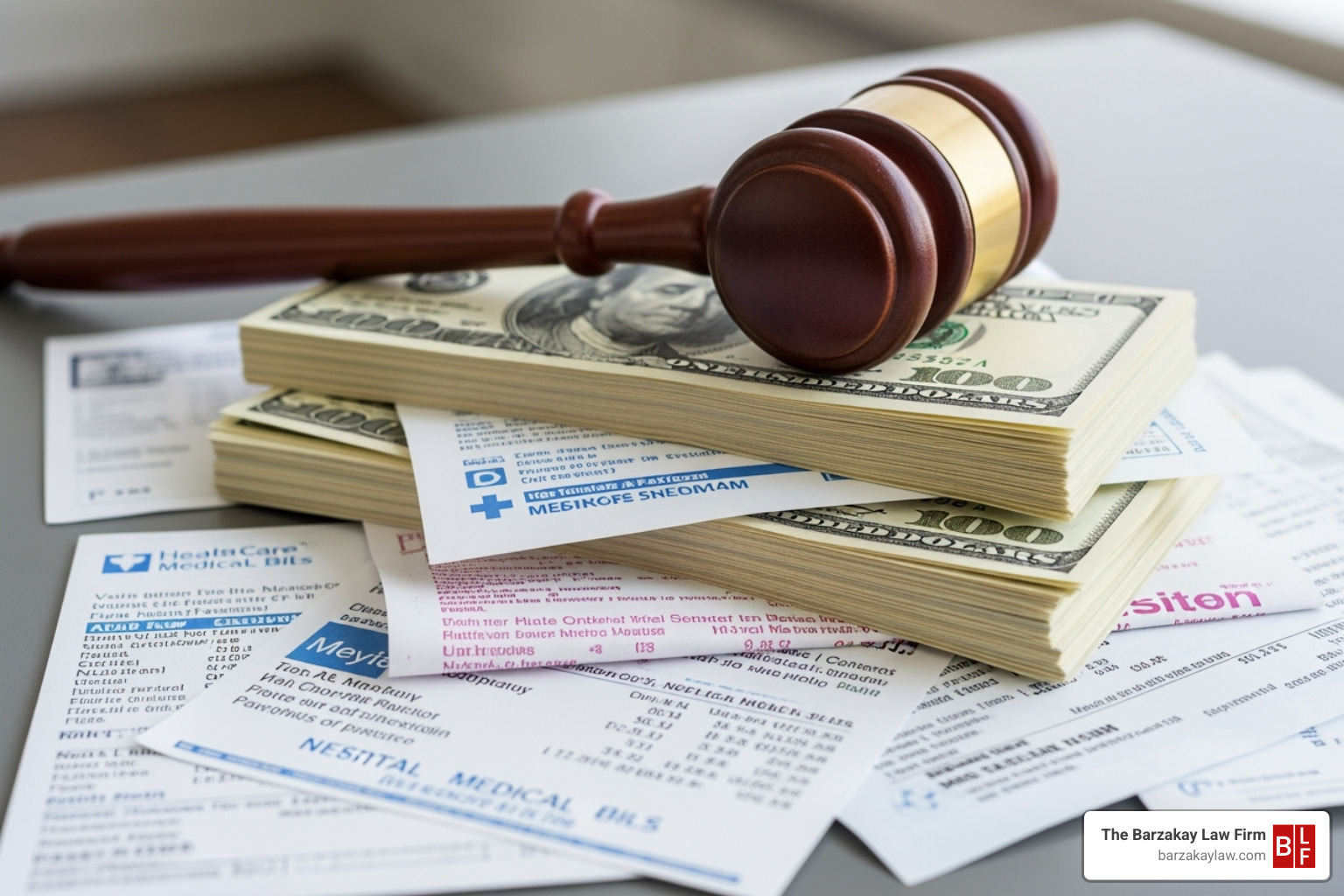 Image of a gavel resting on a stack of money and medical bills - negligent security settlements