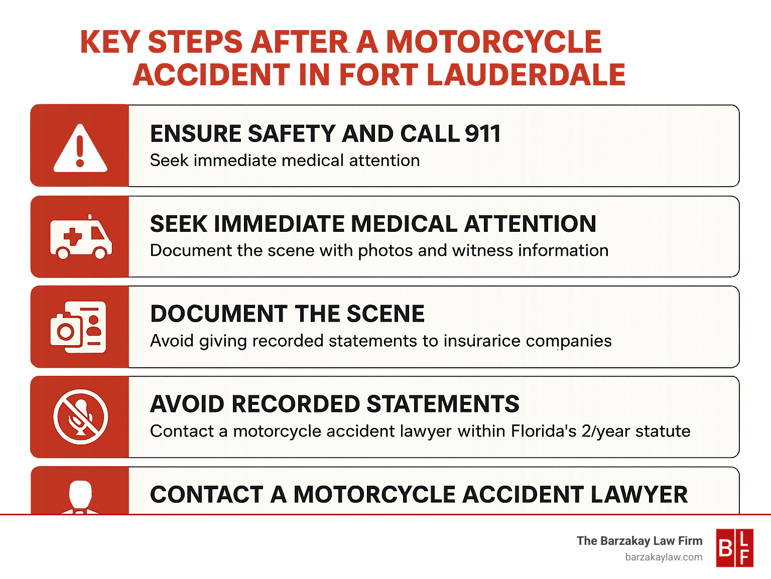 Detailed infographic showing 5 immediate steps after a Fort Lauderdale motorcycle accident: 1. Ensure safety and call 911, 2. Seek immediate medical attention, 3. Document the scene with photos and witness information, 4. Avoid giving recorded statements to insurance companies, 5. Contact a motorcycle accident lawyer within Florida's 2-year statute of limitations - motorcycle accident fort lauderdale infographic 
