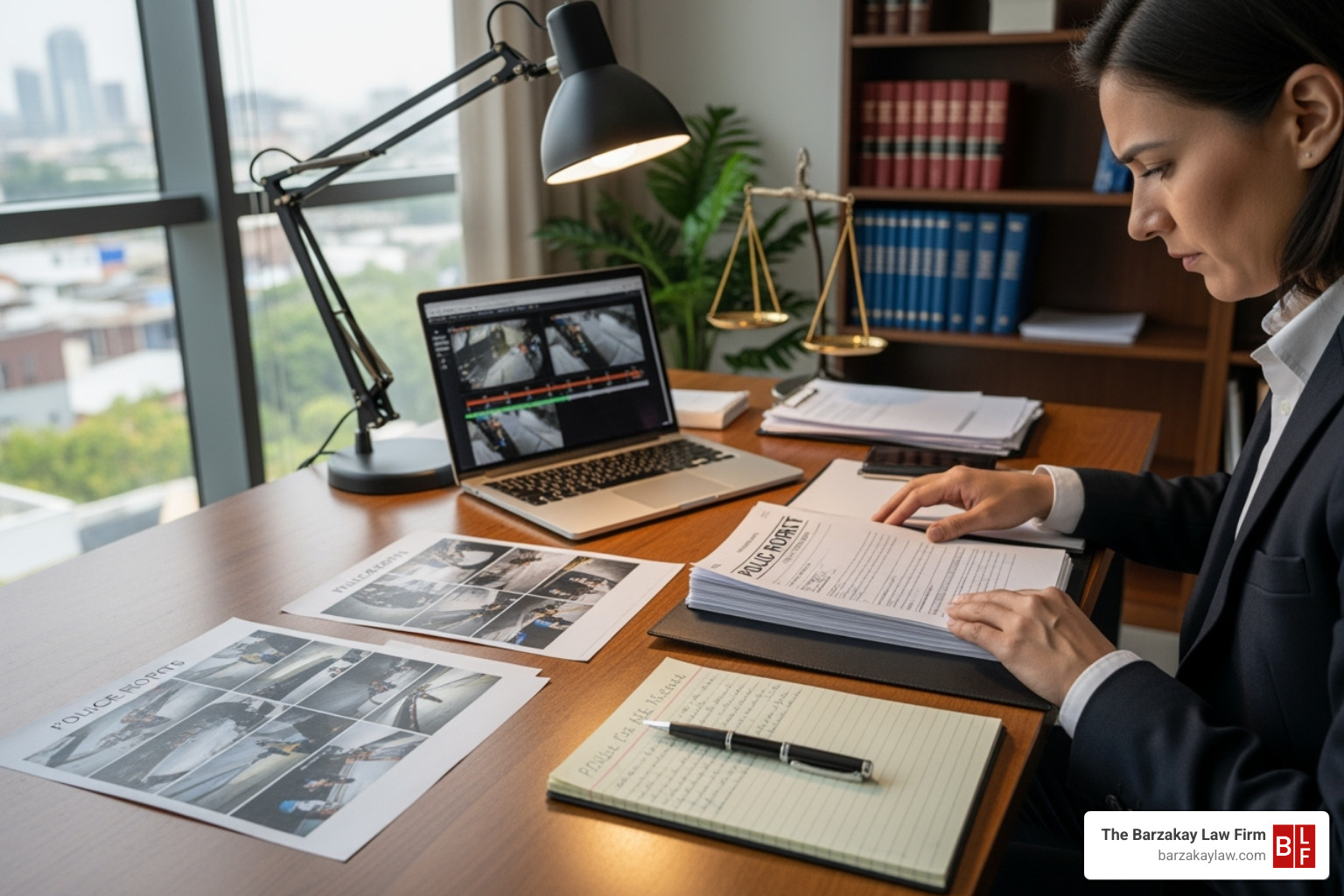 Image of a lawyer reviewing evidence like a police report and security footage - negligent security settlements
