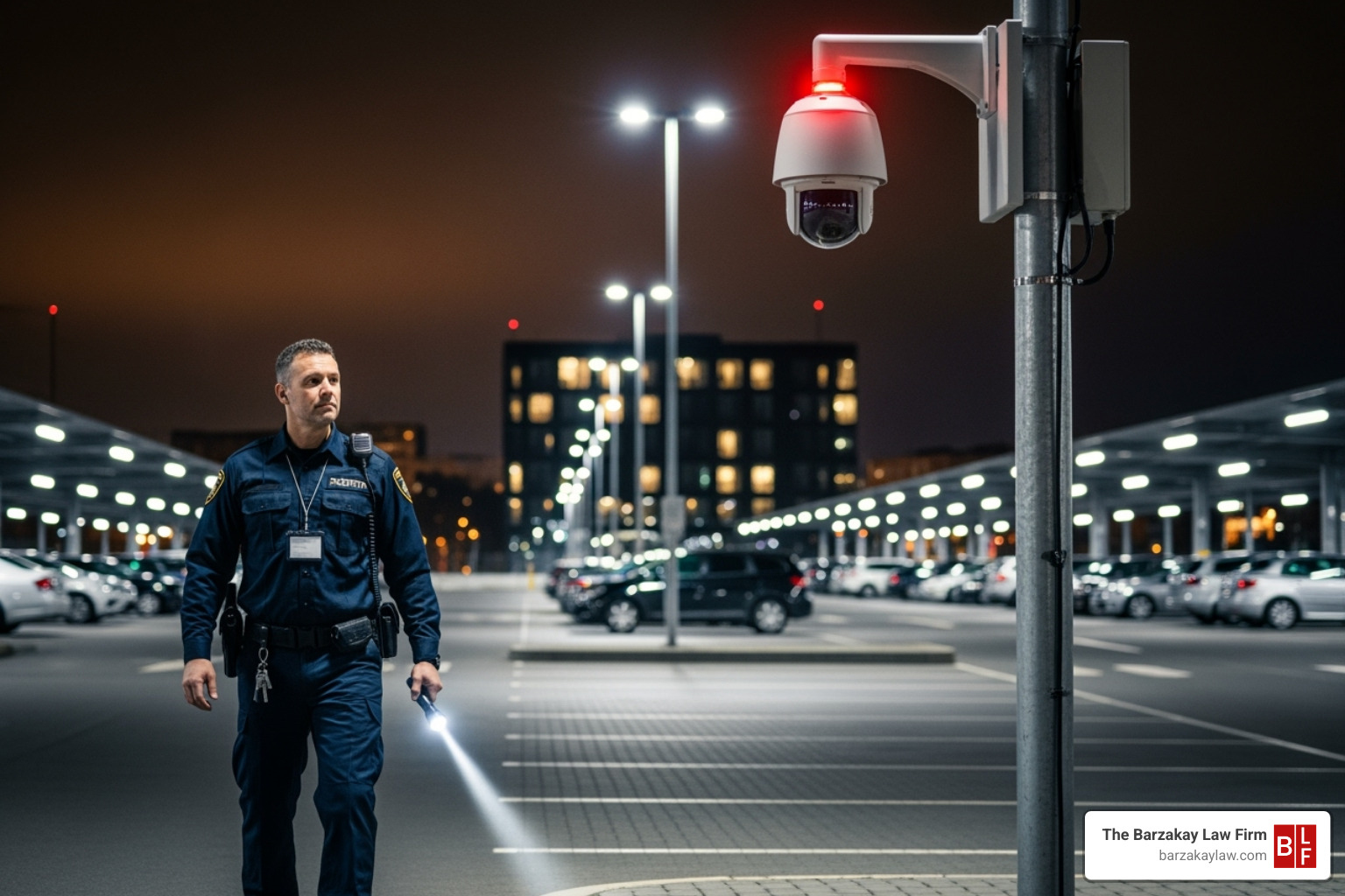 Image of various security measures like a security camera, a well-lit parking lot, and a security guard on patrol - negligent security settlements