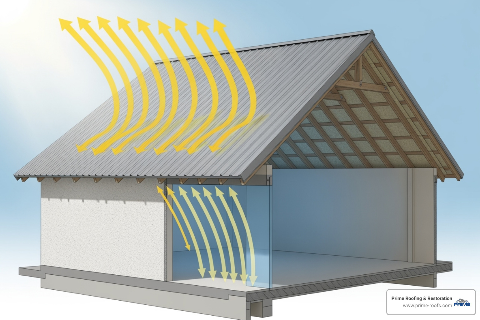 Diagram showing how a metal roof reflects solar heat, preventing heat absorption and reducing indoor temperatures - commercial metal roof contractors Diagram showing how a metal roof reflects solar heat, preventing heat absorption and reducing indoor temperatures - commercial metal roof contractors