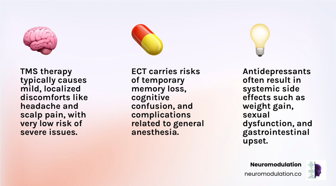 A detailed comparison table illustrating the side effect profiles of TMS therapy versus traditional antidepressant medications and Electroconvulsive Therapy (ECT), highlighting common and rare effects for each. - tms therapy side effects infographic 3_facts_emoji_light-gradient