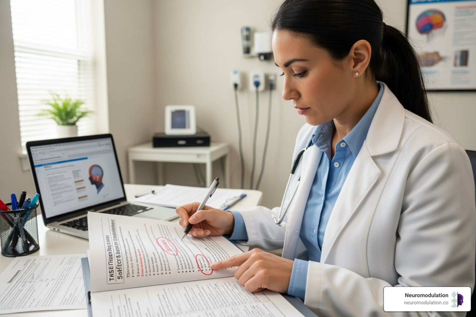 A clinician reviews a patient's medical chart, highlighting important details for TMS therapy side effects and safety considerations. - tms therapy side effects