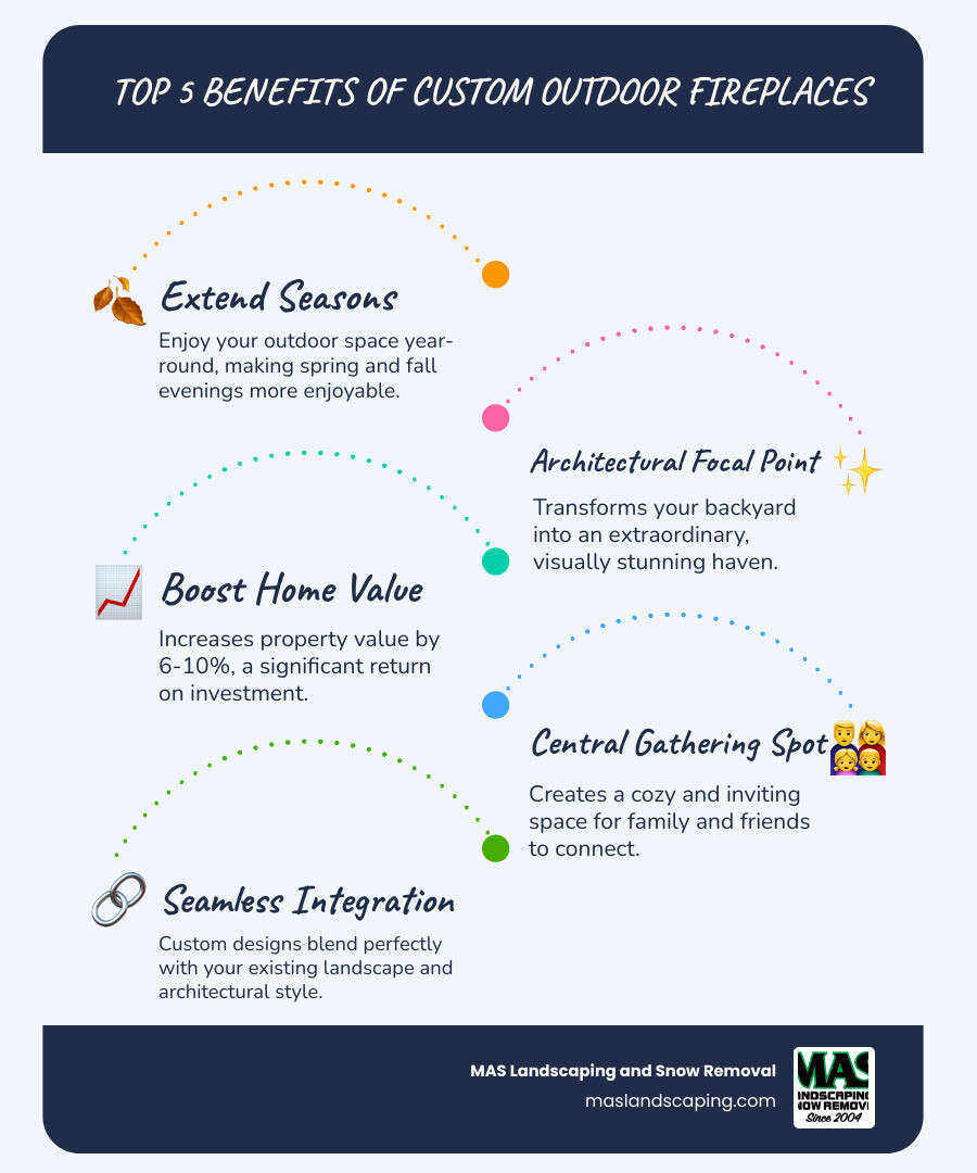 Infographic showing the top 5 benefits of custom outdoor fireplaces: extends outdoor living seasons, creates architectural focal point, increases property value by 6-10%, provides year-round gathering space, and integrates seamlessly with existing landscape design - Custom outdoor fireplace infographic infographic-line-5-steps-blues-accent_colors