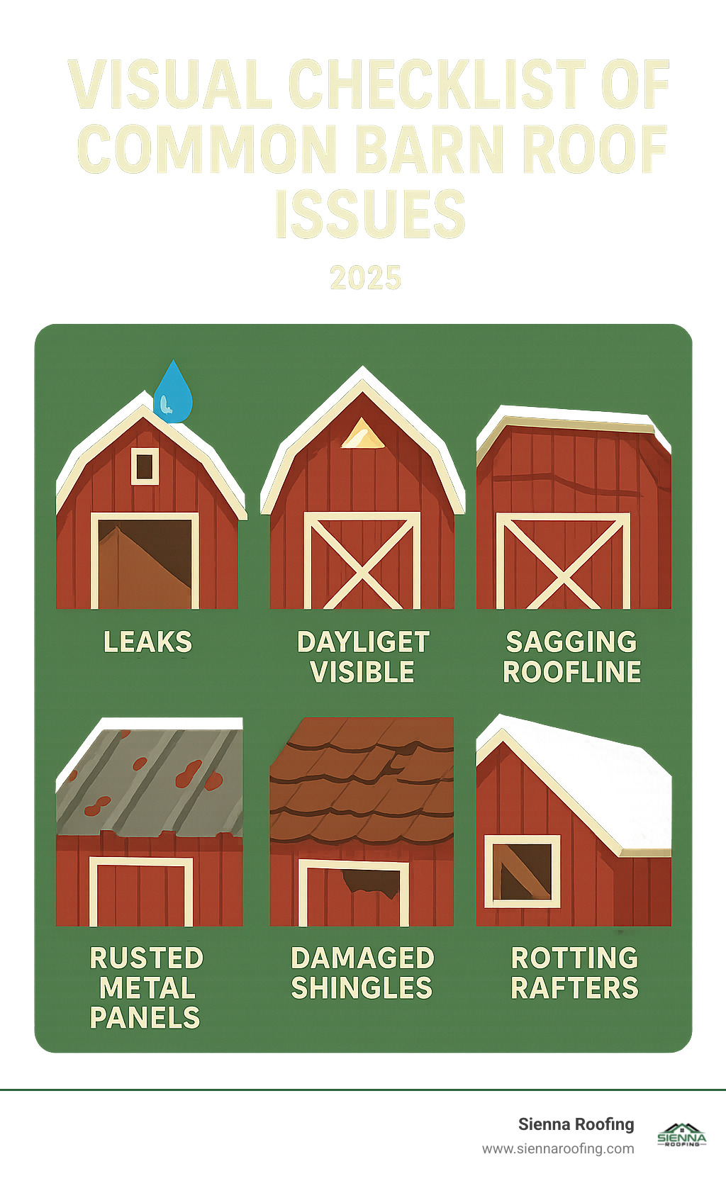 Visual checklist of common barn roof issues. - barn roof replacement infographic 