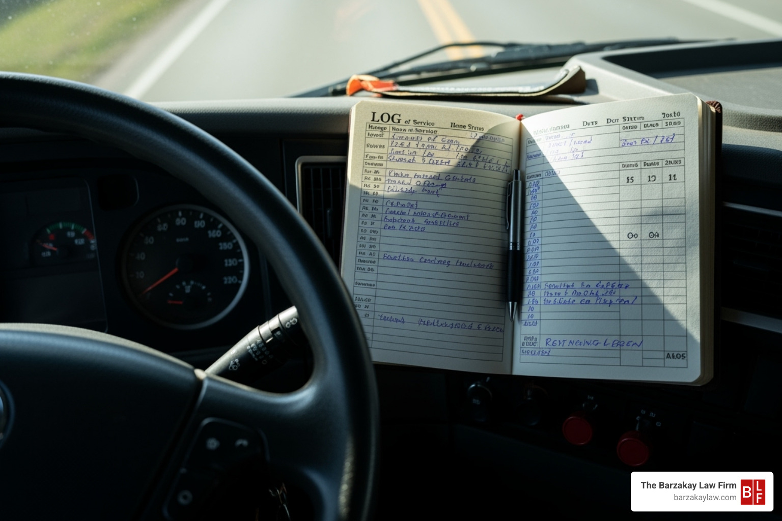 truck driver's log book next to a steering wheel - jackknife truck accident lawyer truck driver's log book next to a steering wheel - jackknife truck accident lawyer