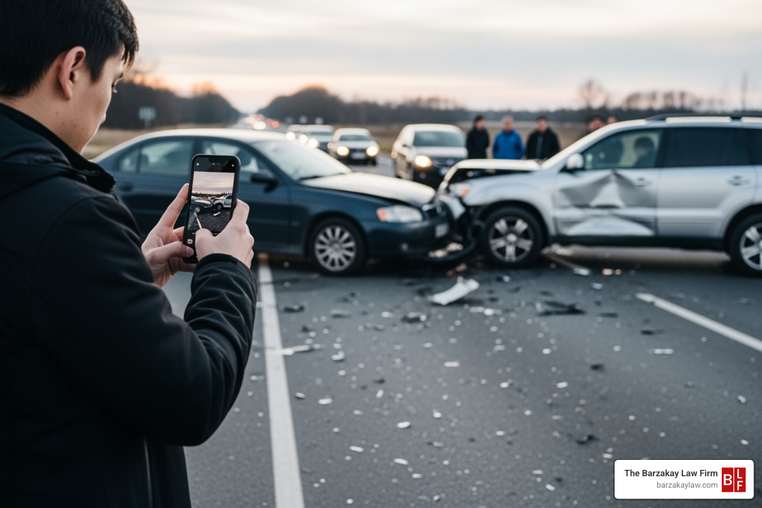 person taking photos of a car accident with their phone - jackknife truck accident lawyer person taking photos of a car accident with their phone - jackknife truck accident lawyer