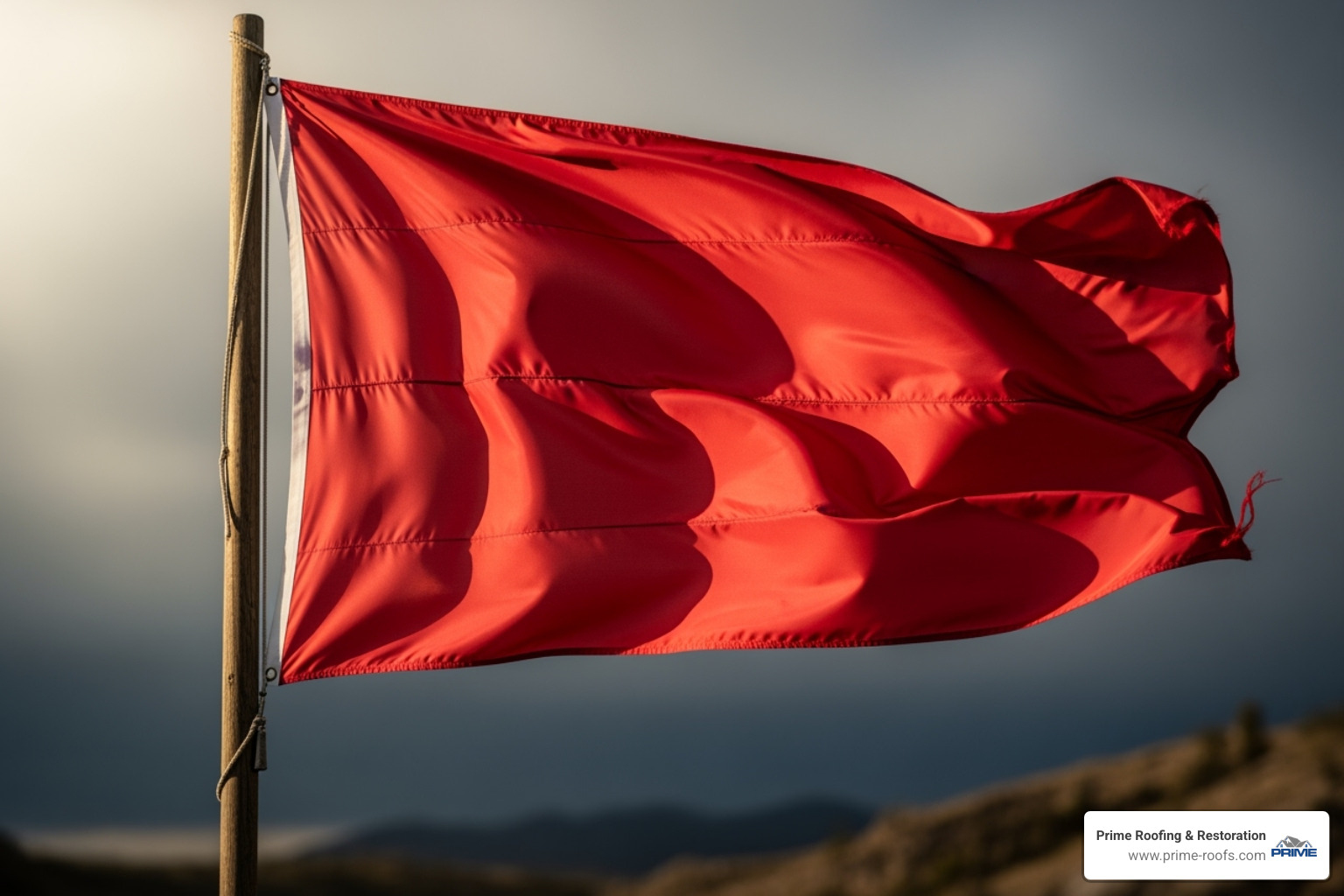 A stylized red flag waving, symbolizing a warning or caution against potential issues - commercial metal roof contractors A stylized red flag waving, symbolizing a warning or caution against potential issues - commercial metal roof contractors