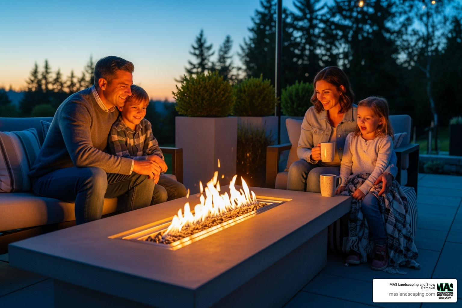 family gathered around a modern outdoor fireplace - Custom outdoor fireplace