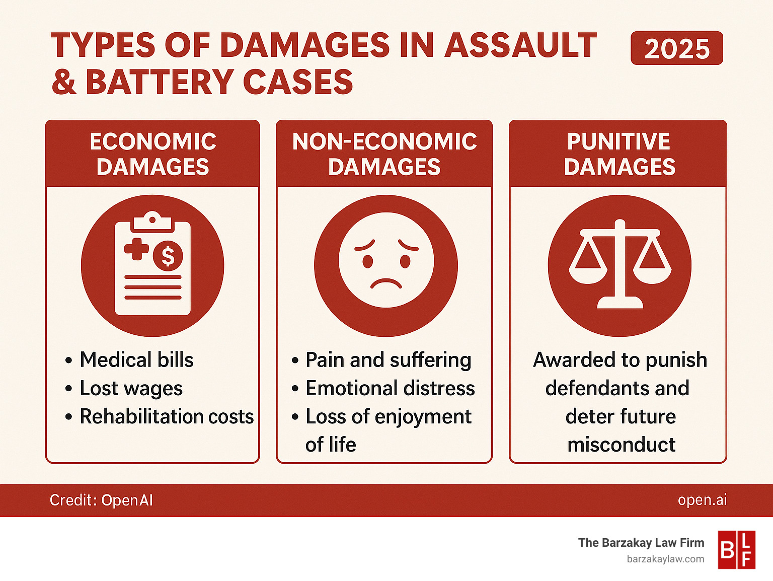 Infographic showing three types of damages in assault and battery cases: Economic damages including medical bills, lost wages, and rehabilitation costs; Non-economic damages including pain and suffering, emotional distress, and loss of enjoyment of life; and Punitive damages awarded to punish defendants and deter future misconduct - average settlement for assault and battery infographic 