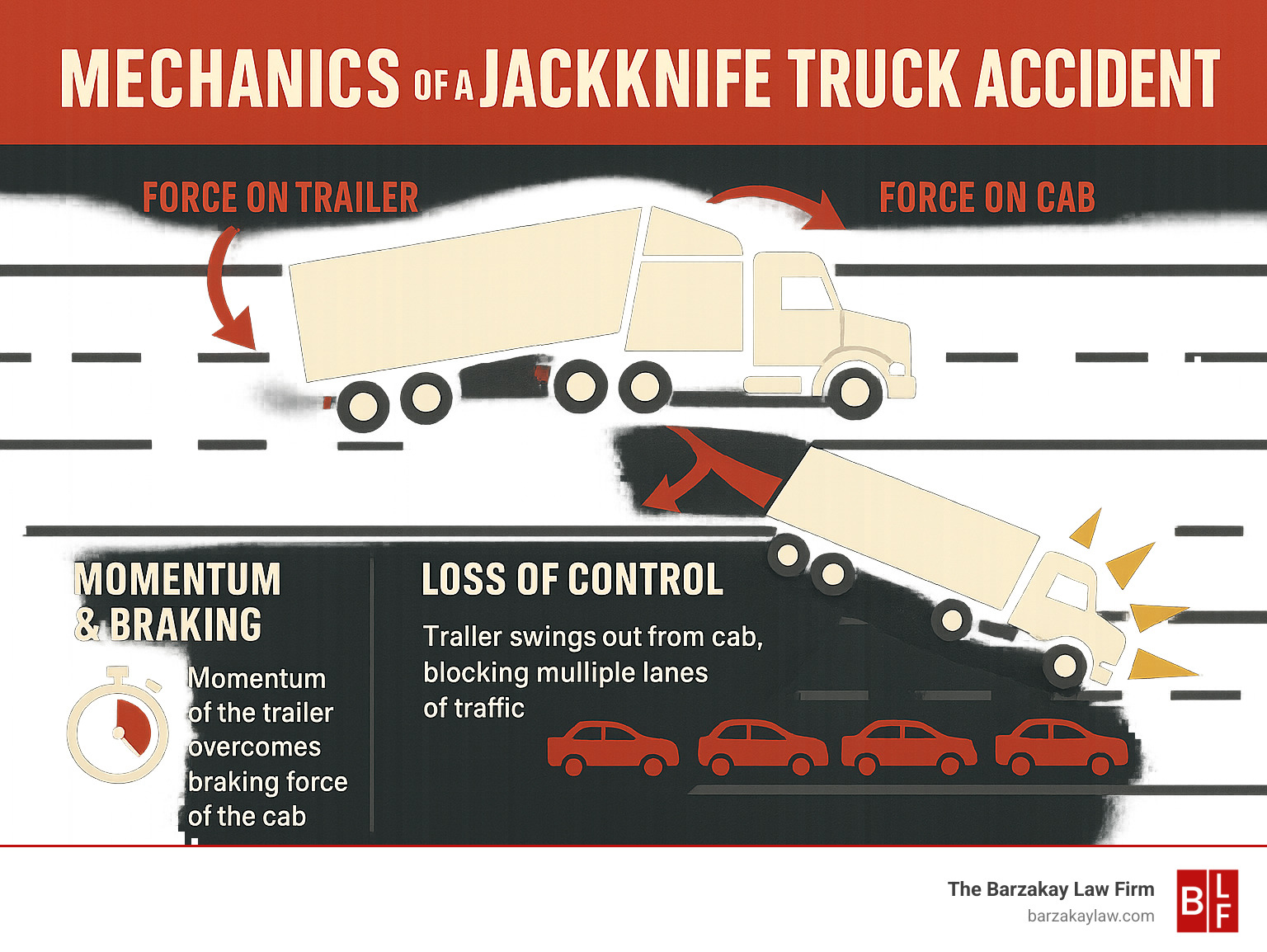 Infographic showing the mechanics of a jackknife truck accident, including the forces that cause the trailer to swing out from the cab, the physics of momentum and braking that lead to loss of control, and the typical pattern of how these accidents unfold across multiple lanes of traffic - jackknife truck accident lawyer infographic Infographic showing the mechanics of a jackknife truck accident, including the forces that cause the trailer to swing out from the cab, the physics of momentum and braking that lead to loss of control, and the typical pattern of how these accidents unfold across multiple lanes of traffic - jackknife truck accident lawyer infographic