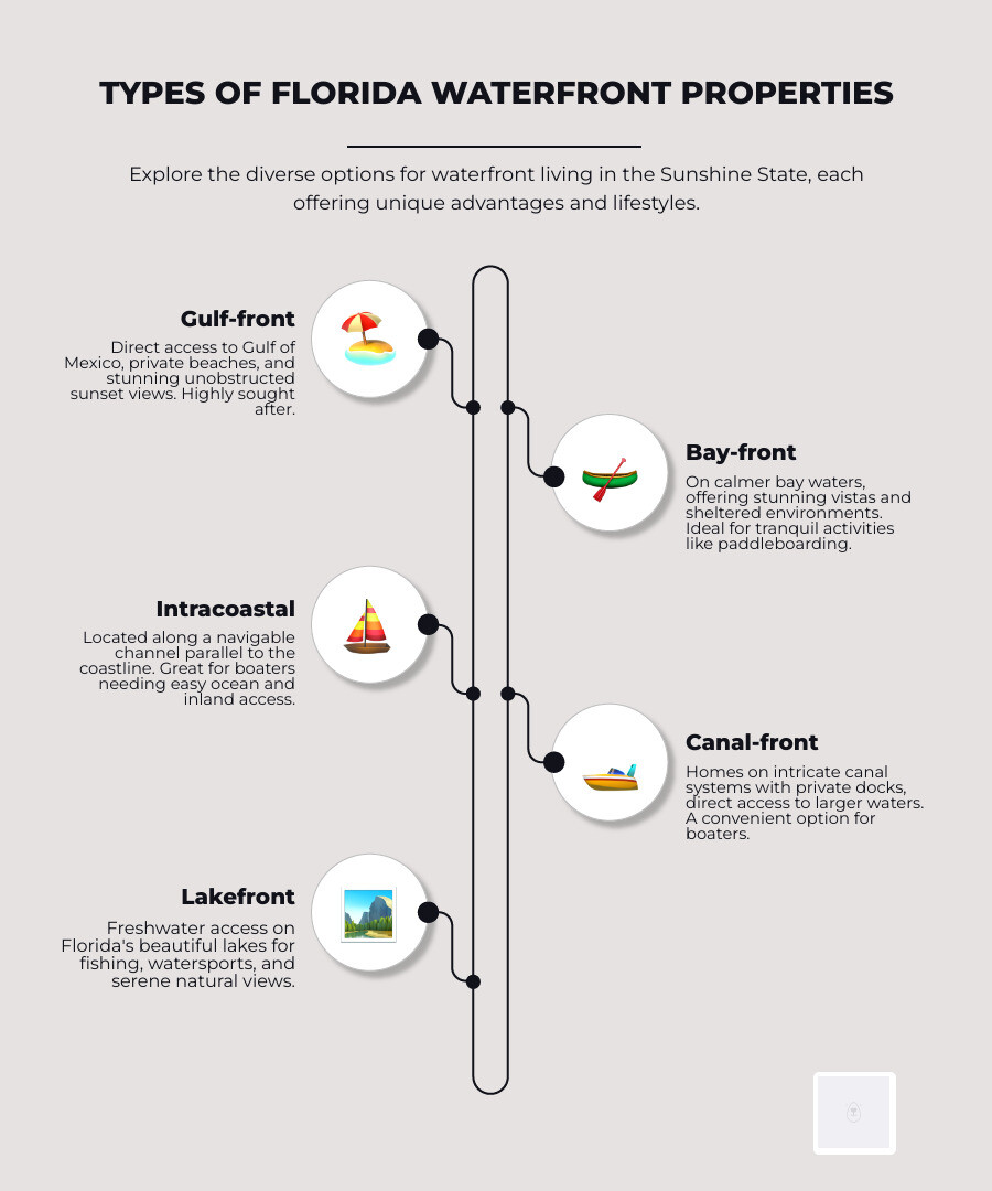 Infographic explaining different types of Florida waterfront properties: Gulf-front, Bay-front, Intracoastal, Canal-front, and Lakefront - Waterfront home Florida infographic infographic-line-5-steps-neat_beige