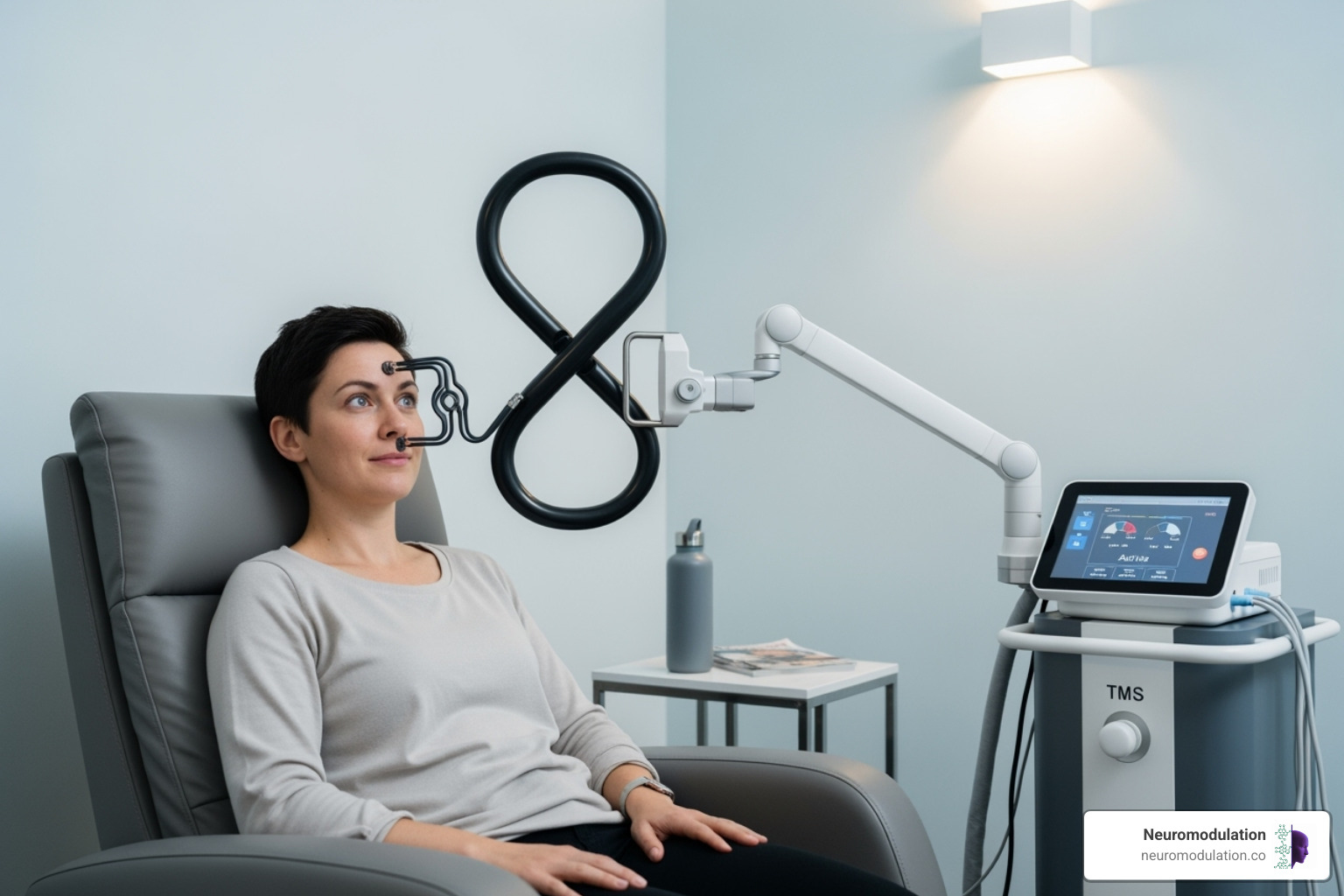 Patient comfortably seated and awake during a TMS session - tms therapy for depression