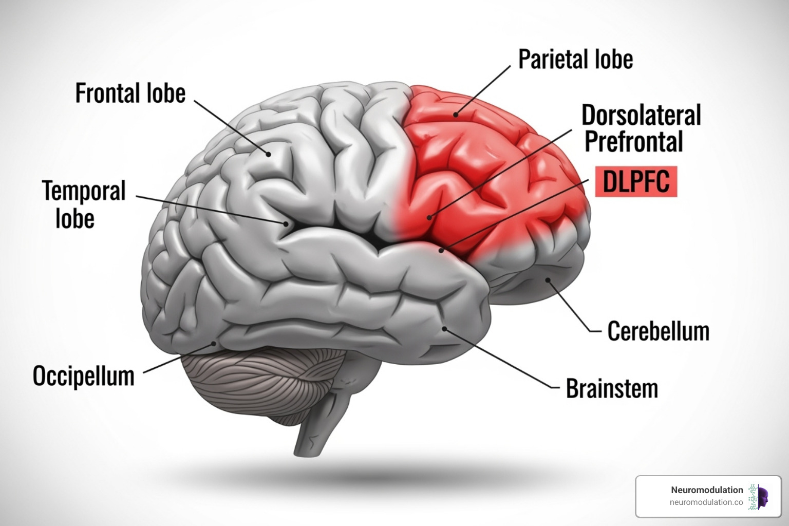 Brain diagram highlighting the dorsolateral prefroneal cortex - tms therapy for depression