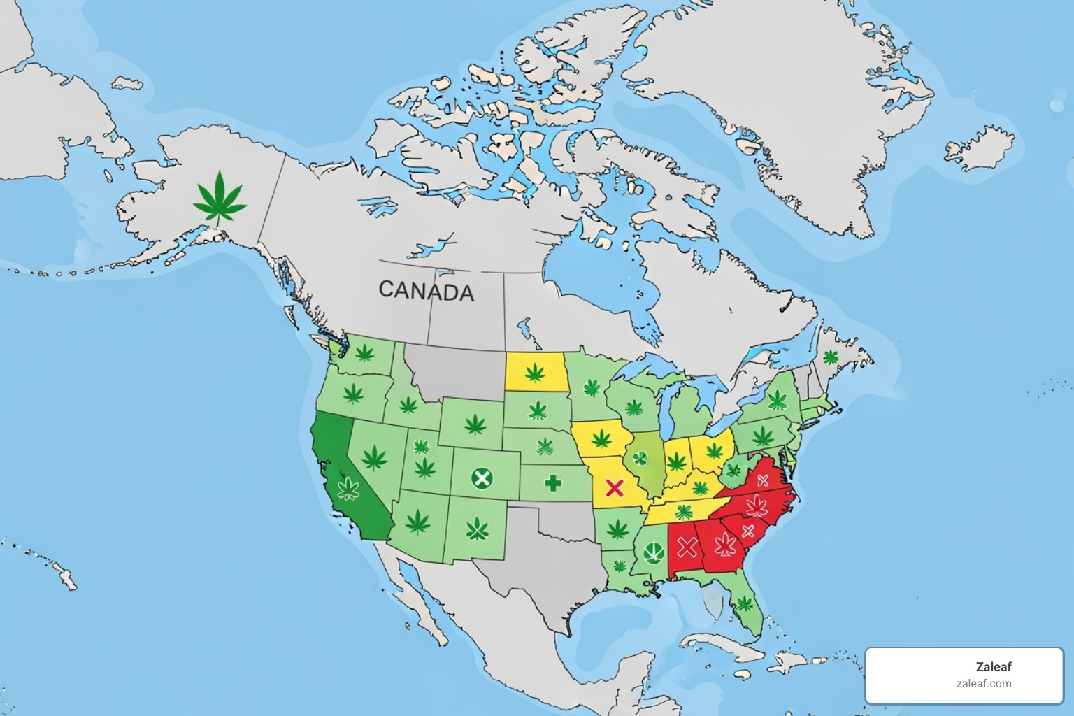 Map highlighting Canada and the US with icons representing legal cannabis regulations - are cbd vape pens legal