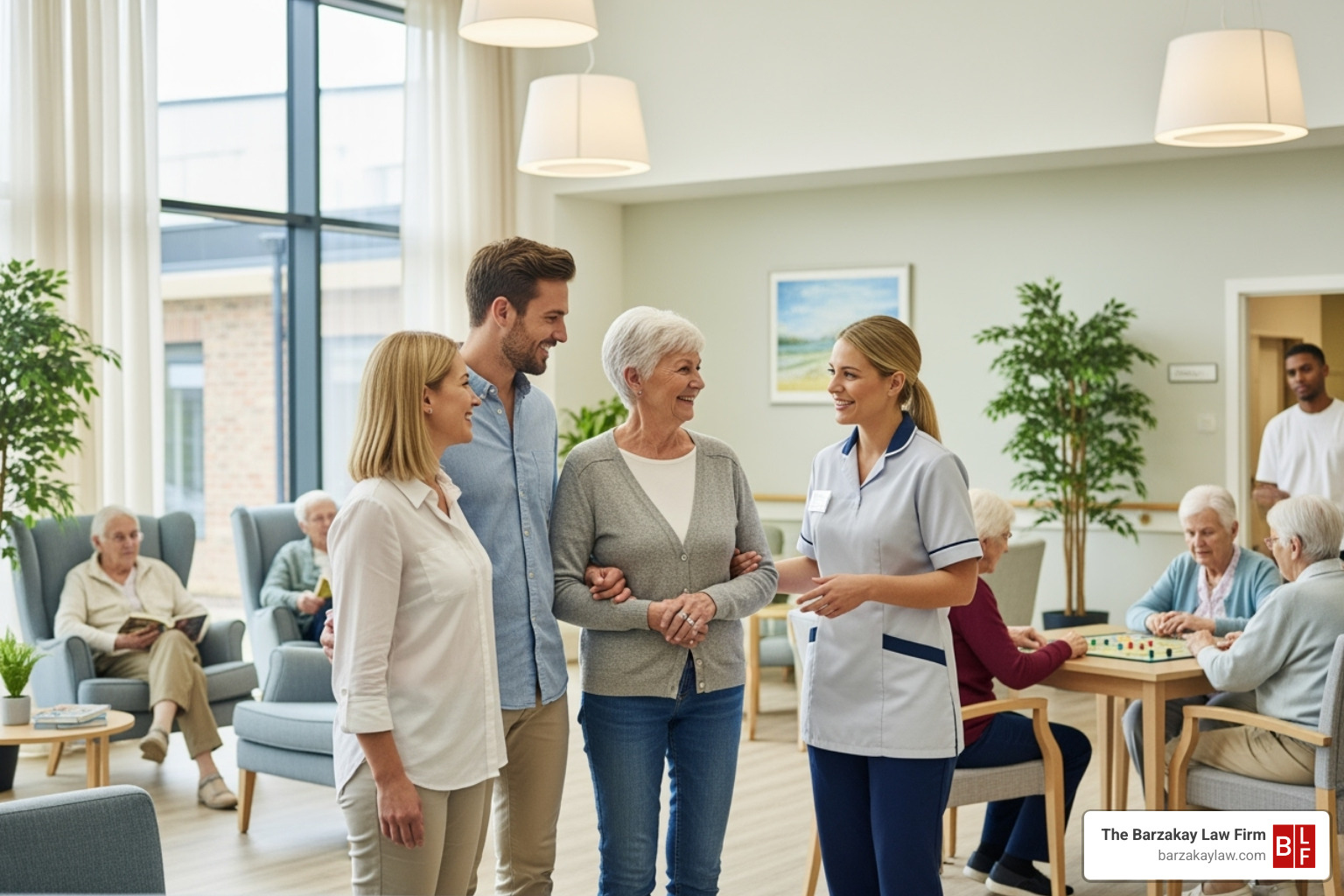family happily touring a clean and well-staffed nursing home - nursing home negligence orlando