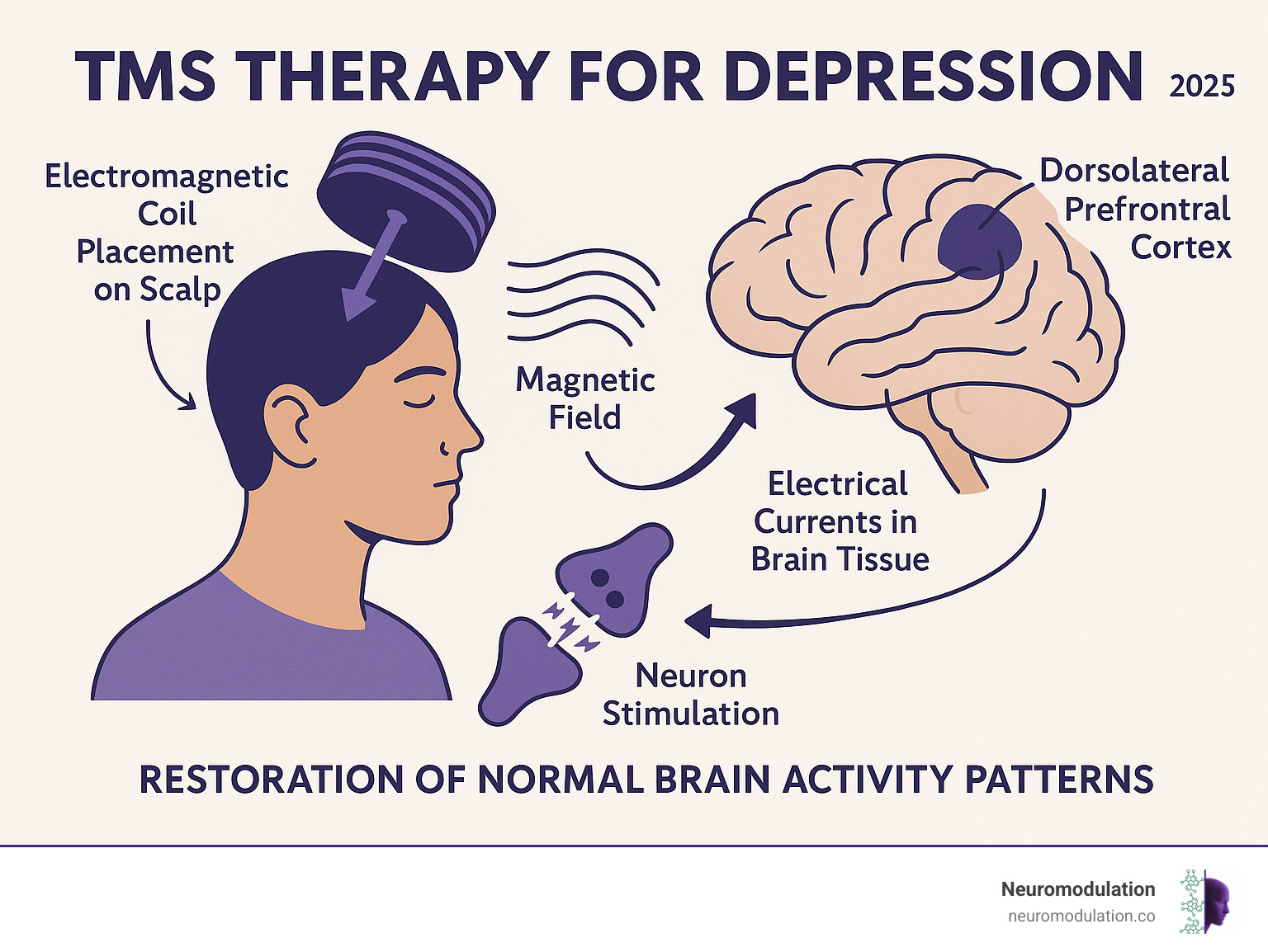 Comprehensive infographic showing TMS therapy mechanism: electromagnetic coil placement on scalp targeting dorsolateral prefrontal cortex, magnetic field generation creating electrical currents in brain tissue, resulting in neuron stimulation and restoration of normal brain activity patterns in depression - tms therapy for depression infographic 