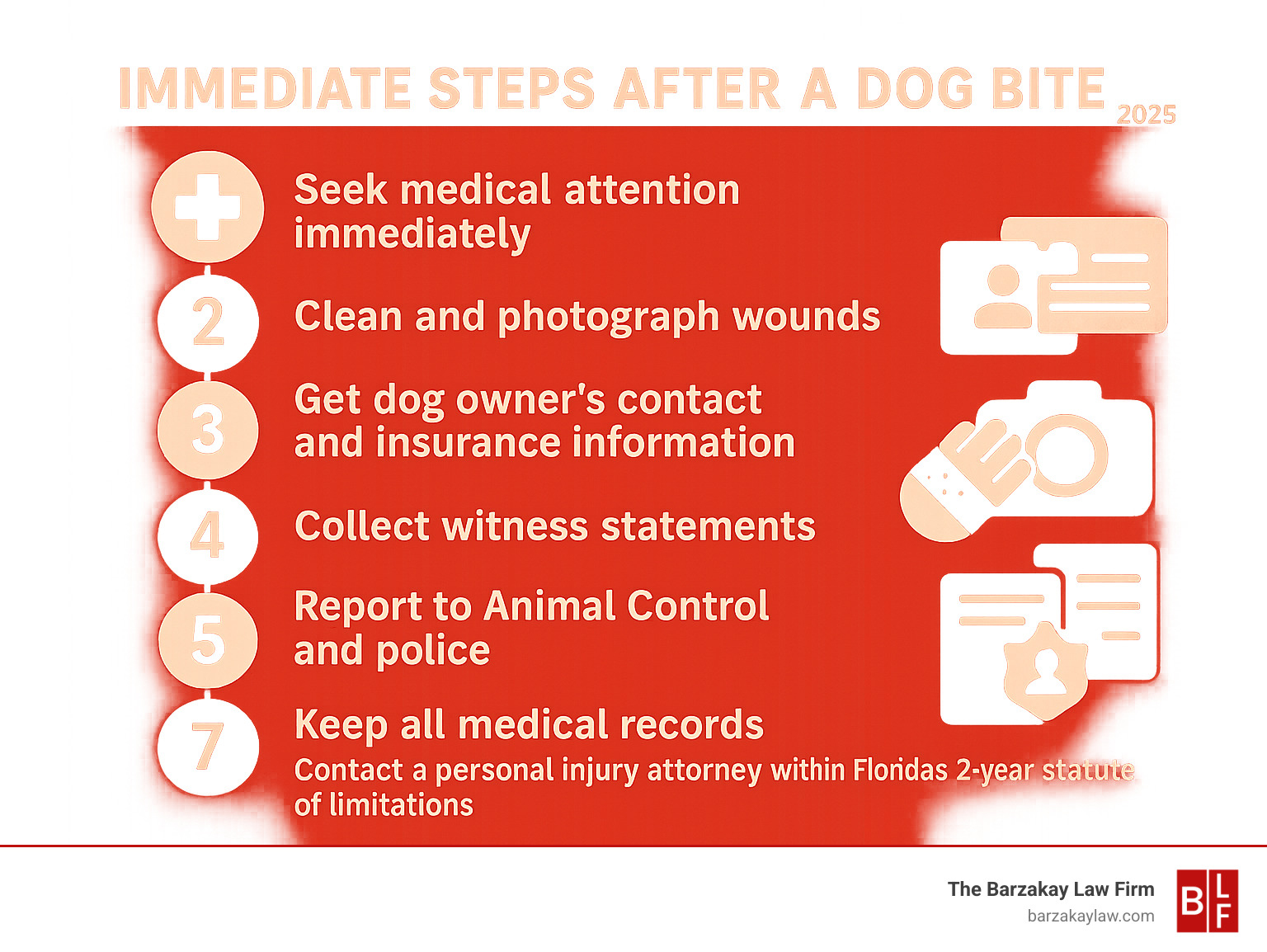 Infographic showing immediate steps after a dog bite: 1. Seek medical attention immediately, 2. Clean and photograph wounds, 3. Get dog owner's contact and insurance information, 4. Collect witness statements, 5. Report to Animal Control and police, 6. Keep all medical records, 7. Contact a personal injury attorney within Florida's 2-year statute of limitations - boca raton dog bite infographic 