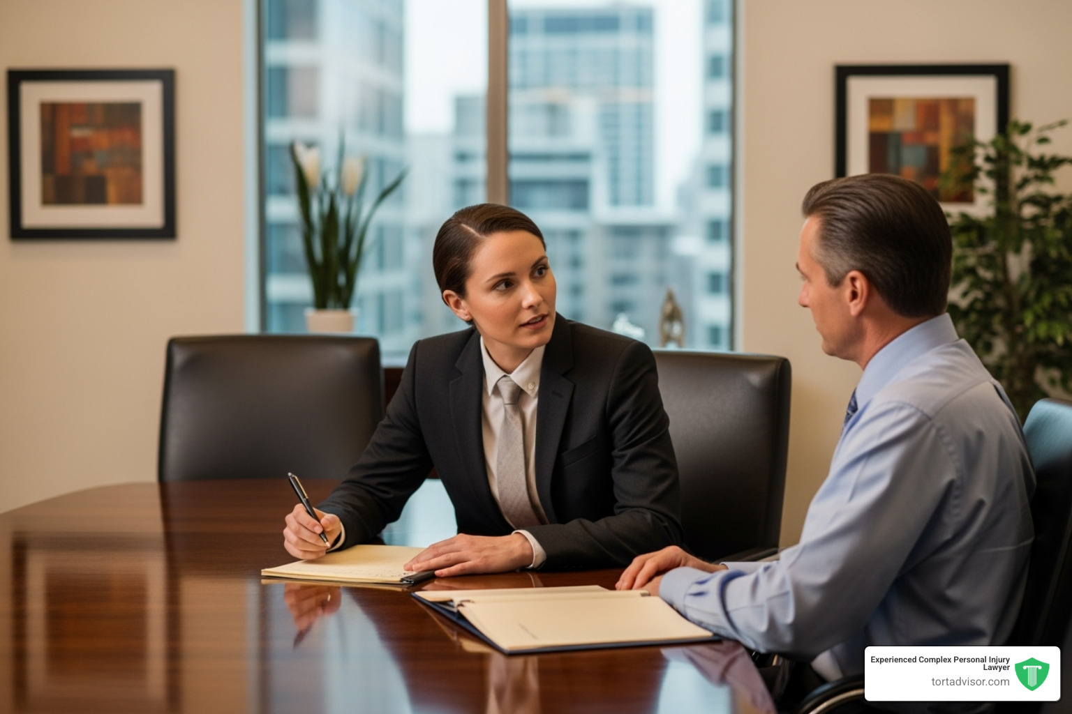 Image of a lawyer confidently negotiating across a table from an insurance adjuster - what can a personal injury lawyer do for you