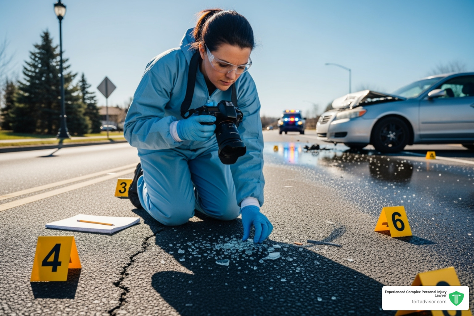 Image of an investigator examining evidence at an accident site - what can a personal injury lawyer do for you