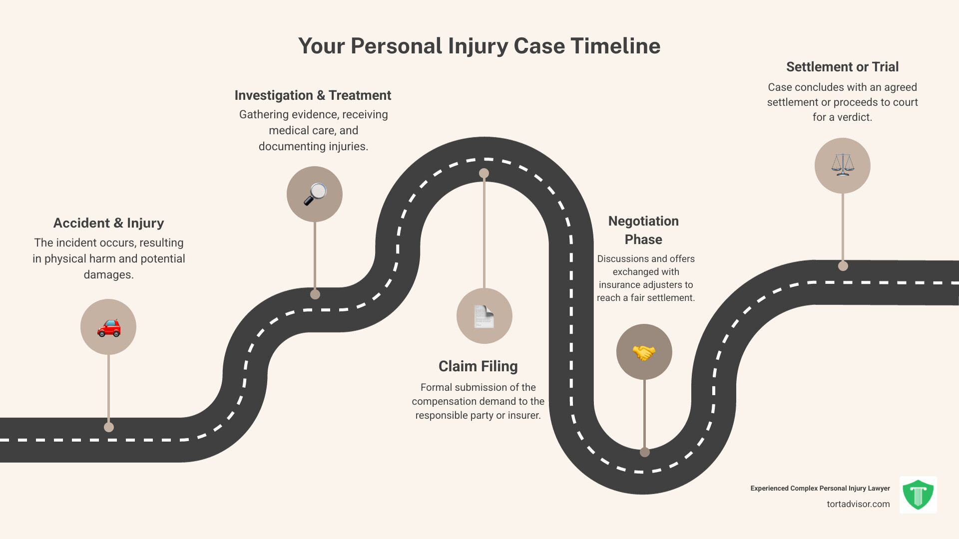 Infographic showing the complete personal injury case timeline from initial accident through investigation, medical treatment, claim filing, negotiation phases, and final settlement, with typical timeframes for each stage - what can a personal injury lawyer do for you infographic roadmap-5-steps