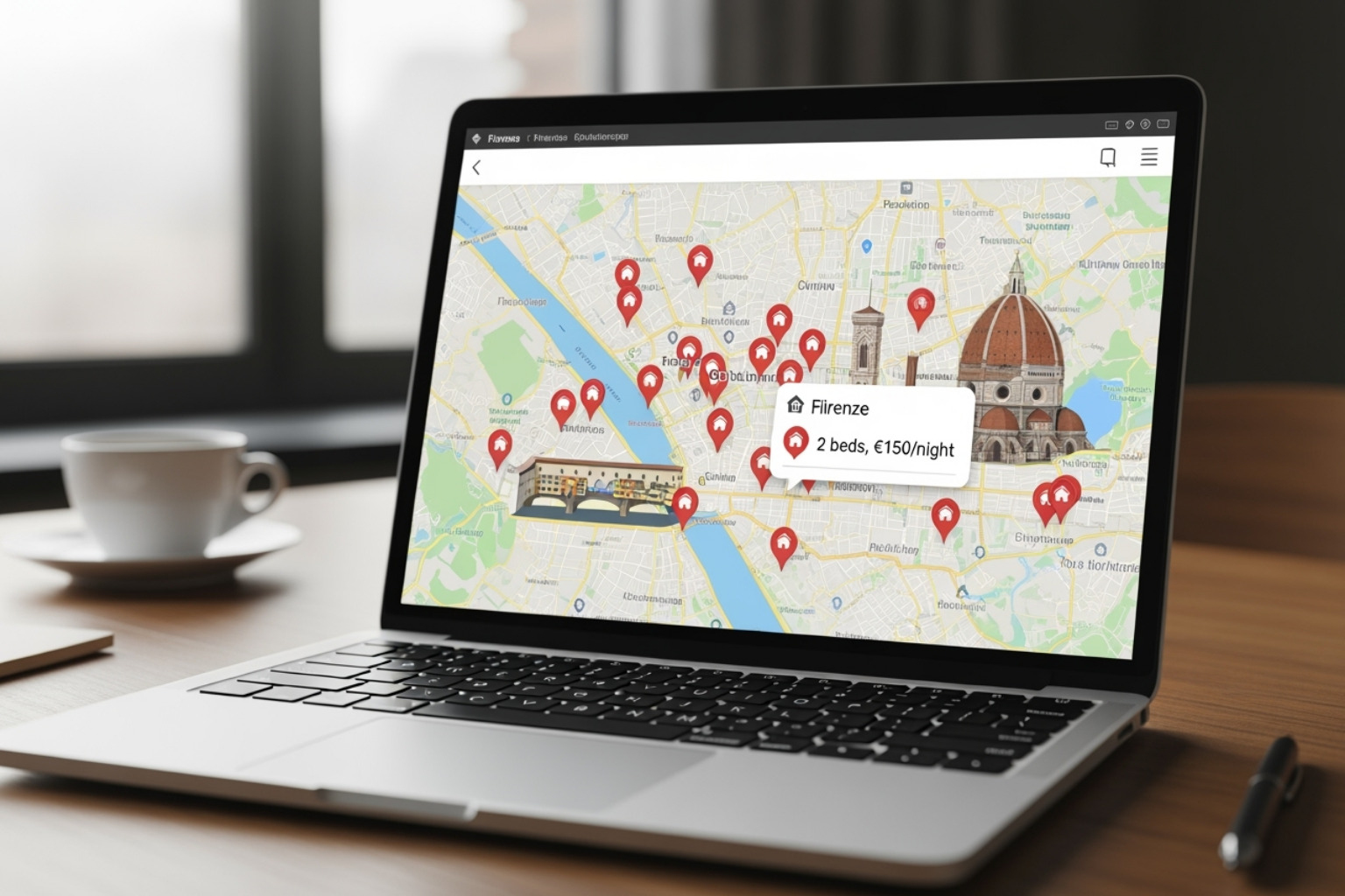 laptop screen showing a map of Florence with rental pins - florence short term rentals