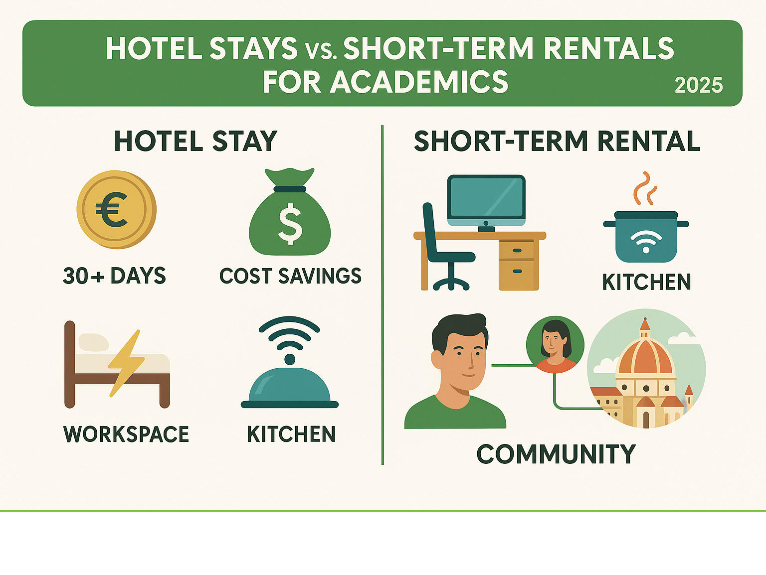 Infographic showing comparison between hotel stays and short-term rentals for academics, featuring cost savings over 30+ days, workspace amenities like desk and reliable Wi-Fi, kitchen facilities for home cooking, laundry access, and community connections with local hosts in Florence - florence short term rentals infographic 