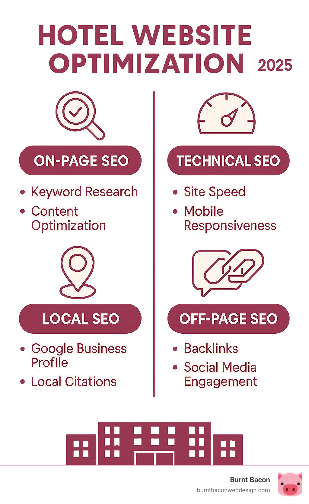 Comprehensive infographic showing the four pillars of hotel website optimization: On-Page SEO including keyword research and content optimization, Technical SEO covering site speed and mobile responsiveness, Local SEO featuring Google Business Profile and local citations, and Off-Page SEO highlighting backlinks and social media engagement - hotel website optimization infographic Comprehensive infographic showing the four pillars of hotel website optimization: On-Page SEO including keyword research and content optimization, Technical SEO covering site speed and mobile responsiveness, Local SEO featuring Google Business Profile and local citations, and Off-Page SEO highlighting backlinks and social media engagement - hotel website optimization infographic