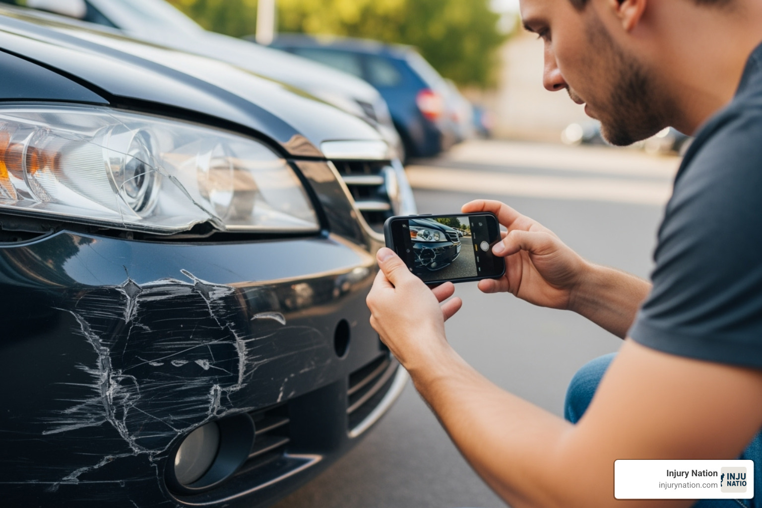 A person taking photos of car damage with their phone - personal injury law near me