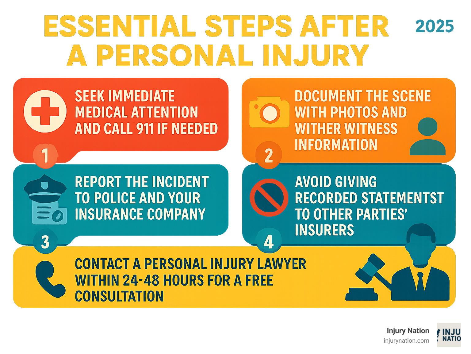Infographic showing 5 essential steps after any personal injury: 1) Seek immediate medical attention and call 911 if needed, 2) Document the scene with photos and gather witness information, 3) Report the incident to police and your insurance company, 4) Avoid giving recorded statements to other parties' insurers, 5) Contact a personal injury lawyer within 24-48 hours for a free consultation - personal injury law near me infographic 