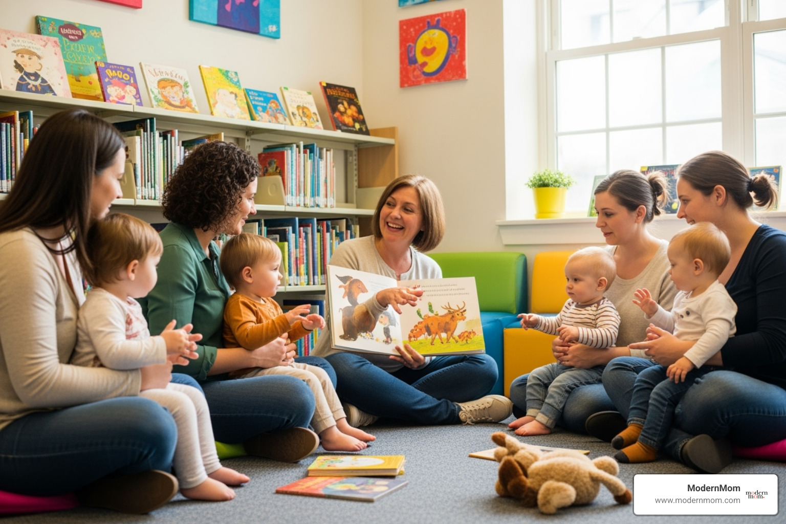 A group of moms and toddlers at a library story time - find mom friends