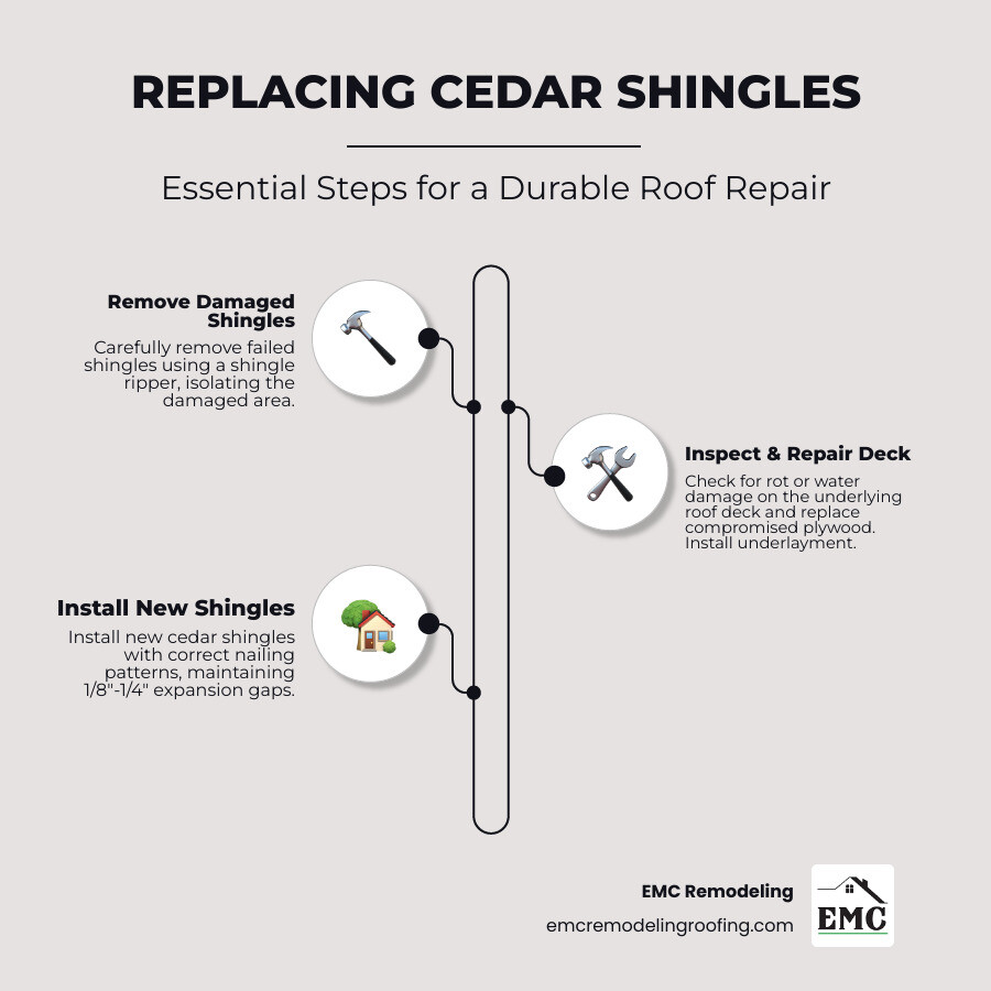 Comprehensive guide to cedar shingle replacement showing warning signs like curling shingles, moss growth, and splitting, alongside essential tools including shingle ripper, hammer, and safety gear, plus step-by-step replacement process with proper nailing patterns and expansion gaps - replacing cedar shingles infographic infographic-line-3-steps-neat_beige Comprehensive guide to cedar shingle replacement showing warning signs like curling shingles, moss growth, and splitting, alongside essential tools including shingle ripper, hammer, and safety gear, plus step-by-step replacement process with proper nailing patterns and expansion gaps - replacing cedar shingles infographic infographic-line-3-steps-neat_beige