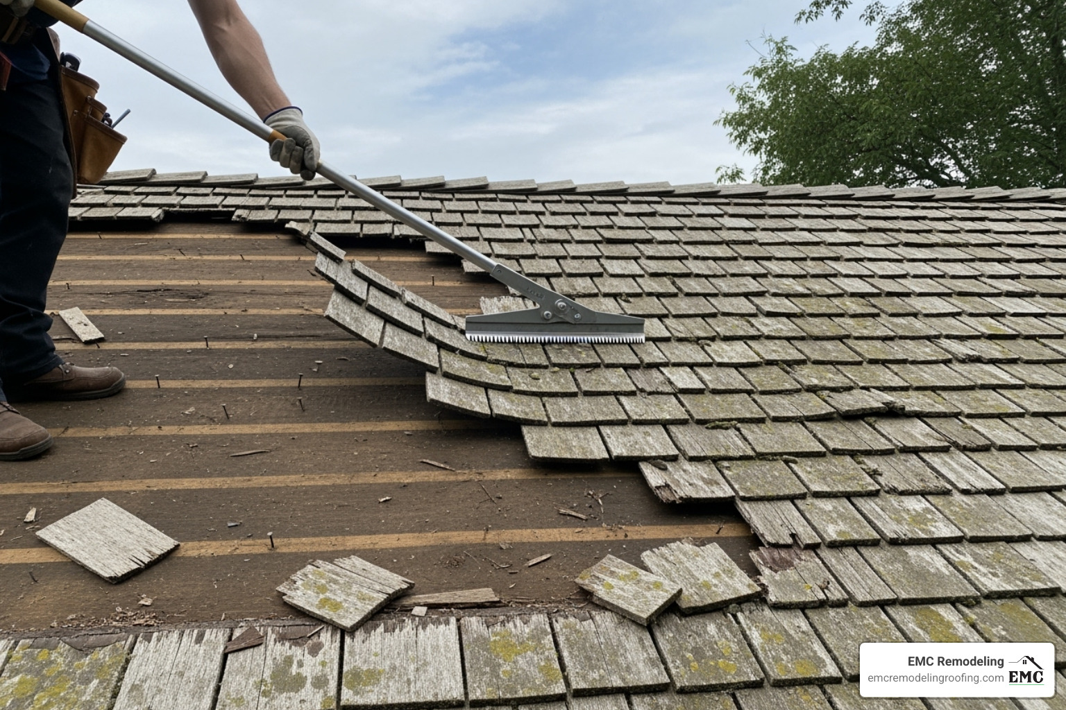 A shingle ripper being used to remove old cedar shingles and nails from a roof - replacing cedar shingles A shingle ripper being used to remove old cedar shingles and nails from a roof - replacing cedar shingles