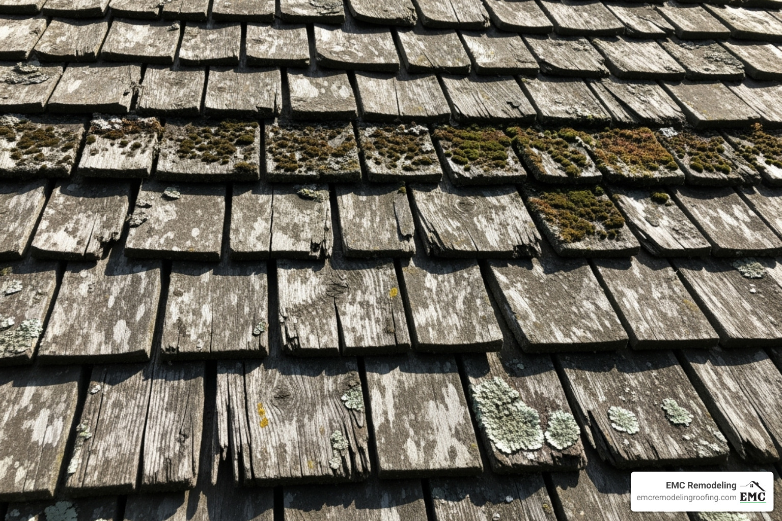 Cupped, split, and moss-covered cedar shingles indicating need for replacement - replacing cedar shingles Cupped, split, and moss-covered cedar shingles indicating need for replacement - replacing cedar shingles