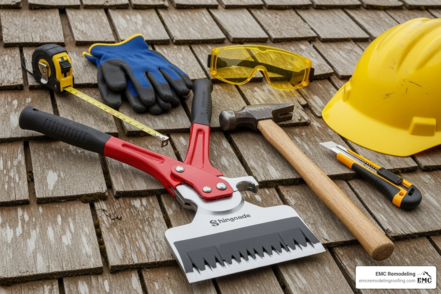 Essential tools for cedar shingle replacement including a shingle ripper, hammer, and various safety gear - replacing cedar shingles Essential tools for cedar shingle replacement including a shingle ripper, hammer, and various safety gear - replacing cedar shingles