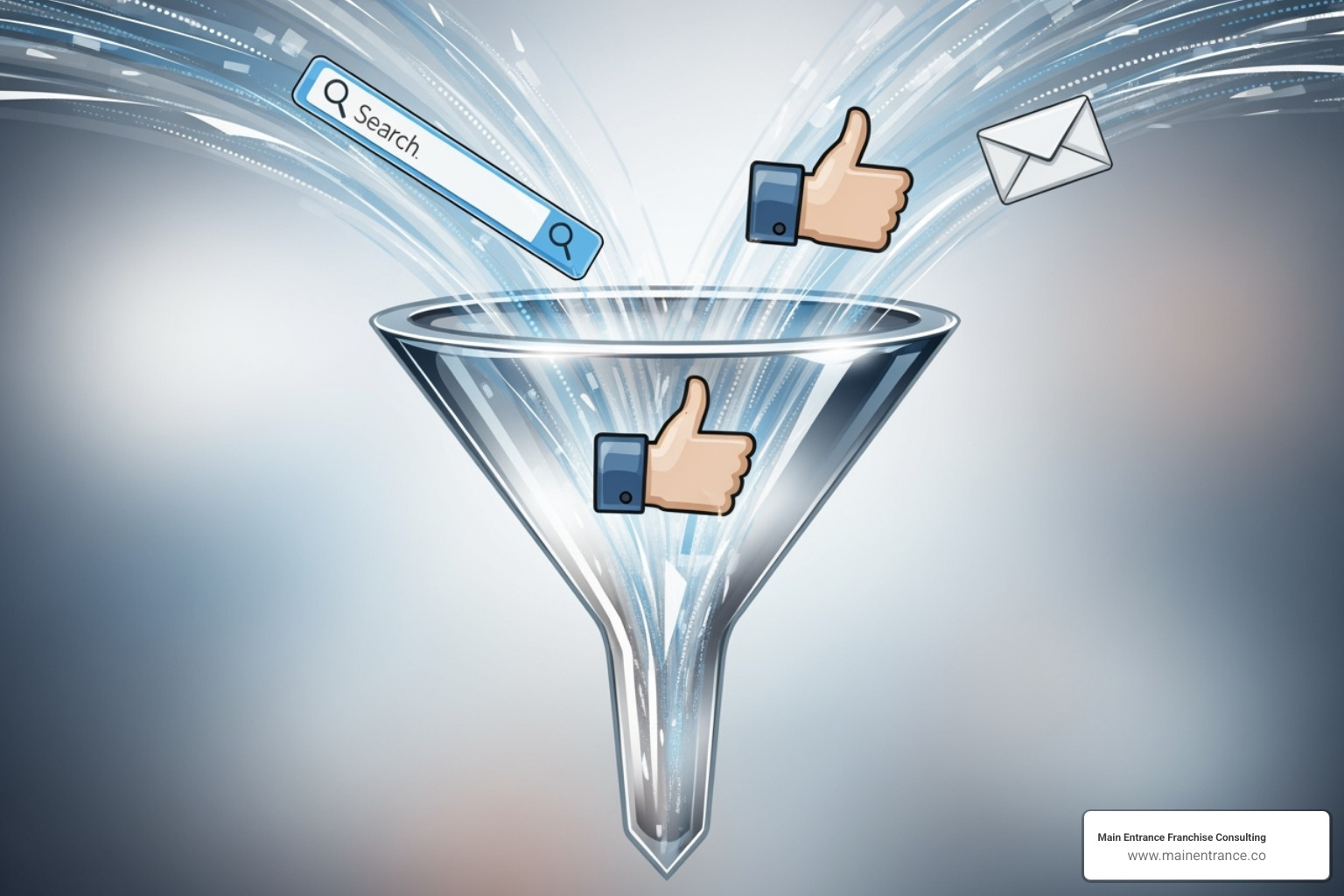 Marketing Funnel With Various Digital Channels Feeding Into It, Such As Search, Social Media, And Email - Franchisee Recruitment Services Marketing funnel with various digital channels feeding into it, such as search, social media, and email - franchisee recruitment services