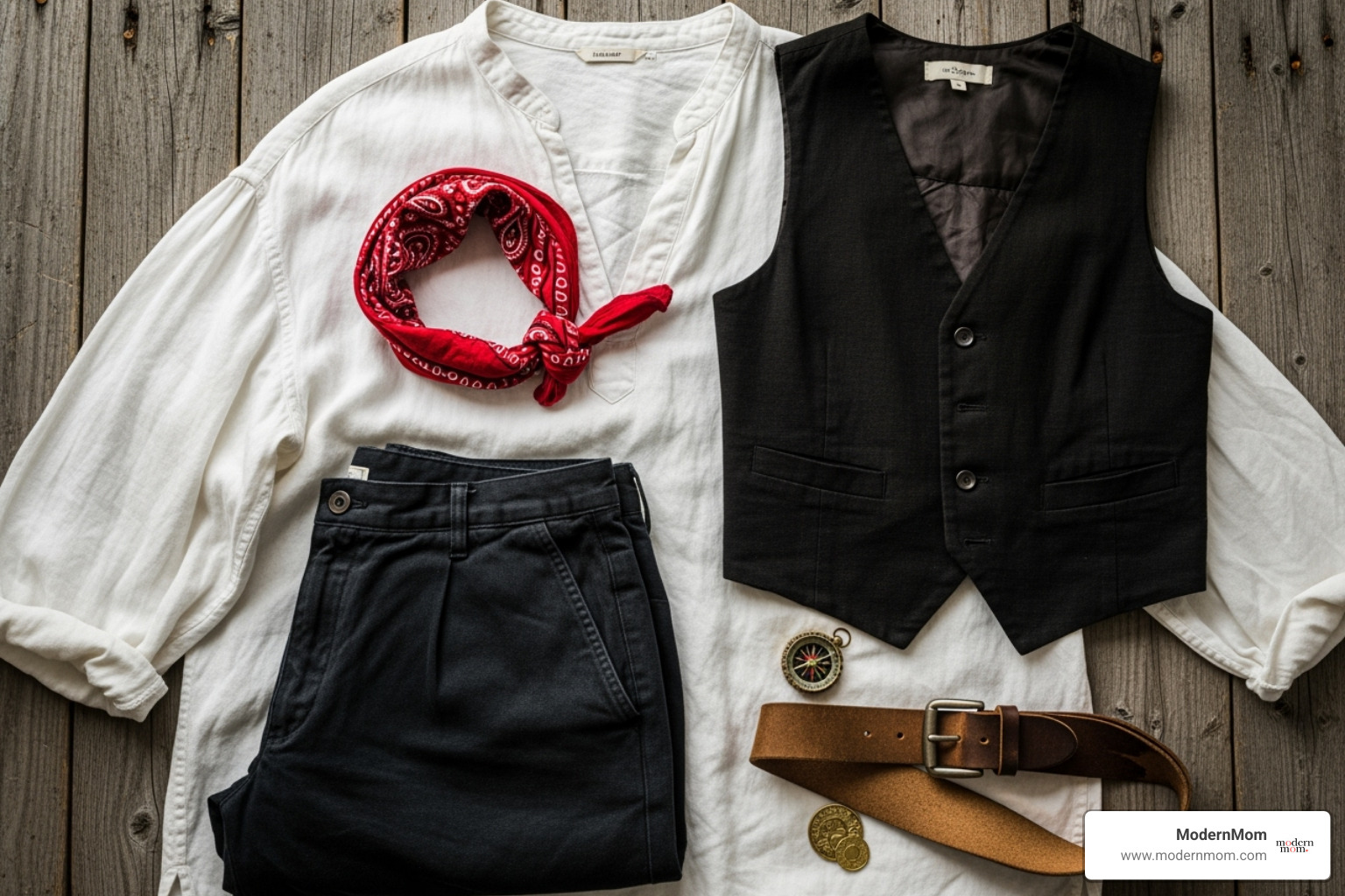 Everyday clothing items ready for change into a pirate costume - at home pirate costume