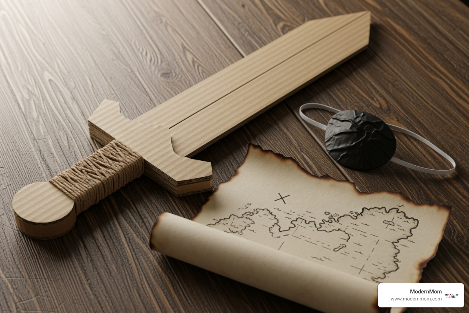 DIY pirate accessories: cardboard sword, eye patch, treasure map - at home pirate costume