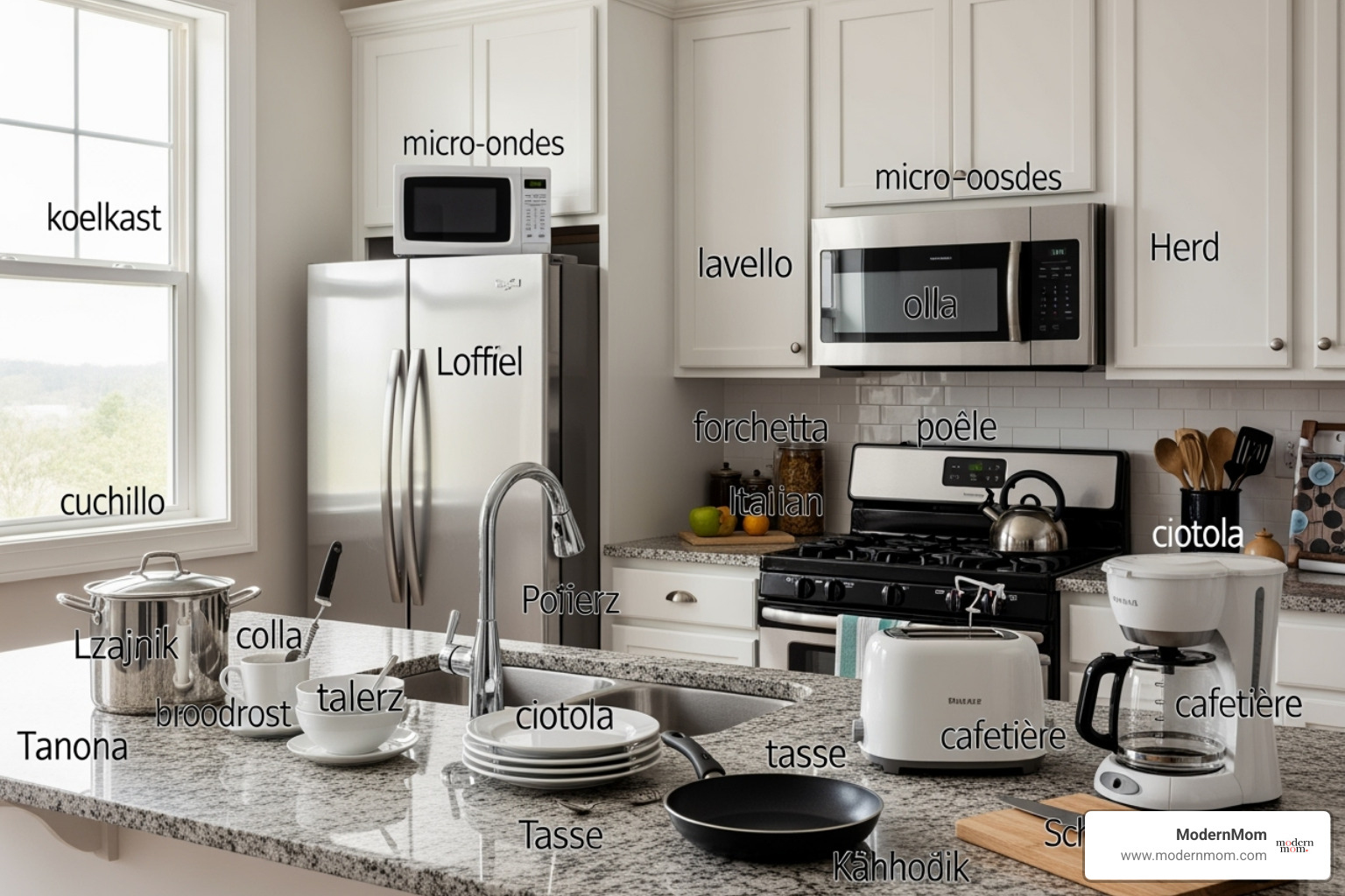 of a kitchen with items labeled in a foreign language - foreign language practice