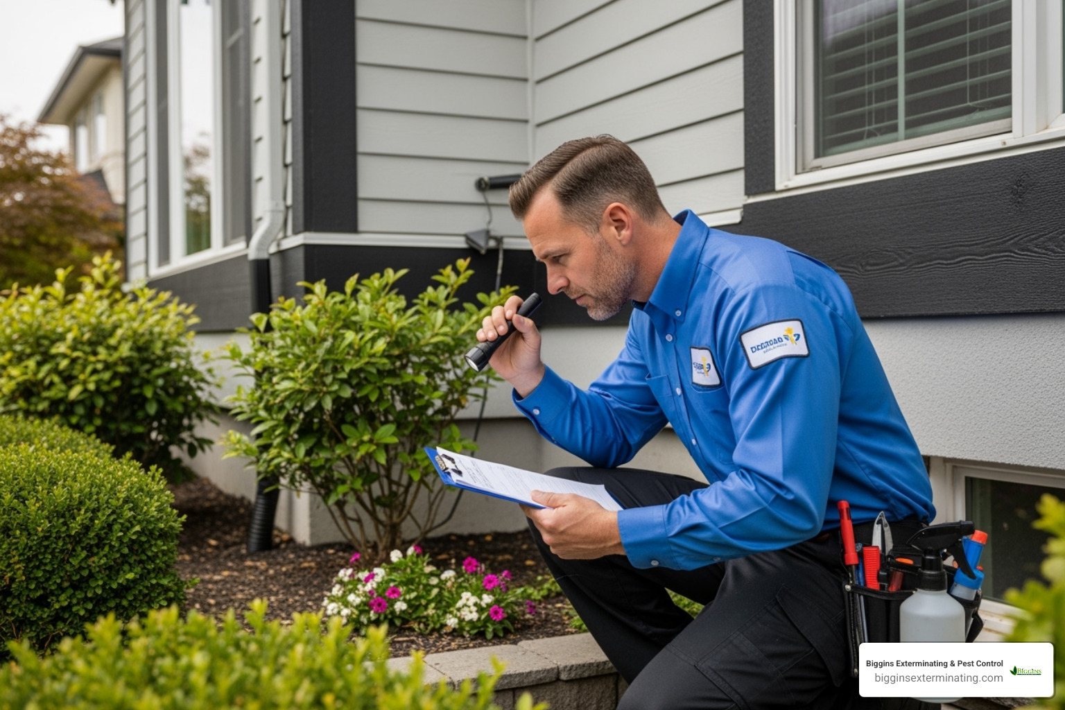 Professional pest control technician inspecting a home's exterior - ant services near me