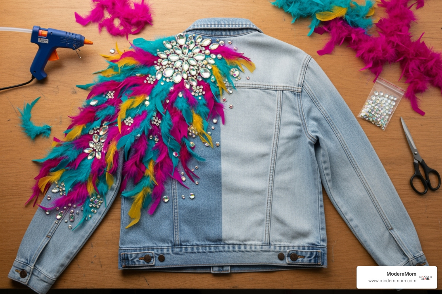 plain jacket mid-change, with one side decorated with colorful feather boas and rhinestones - elton john diy costume
