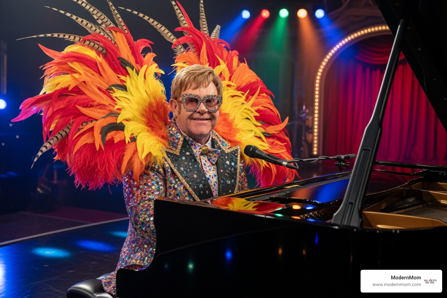 Elton John in his iconic feathered and sequined Muppet Show outfit - elton john diy costume