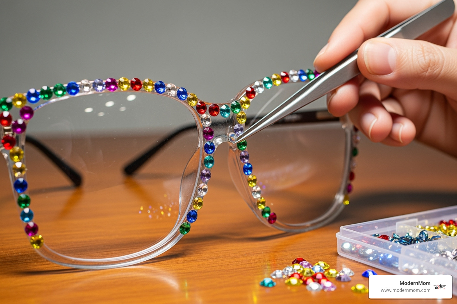 close-up shot of oversized glasses being decorated with colorful rhinestones using tweezers - elton john diy costume