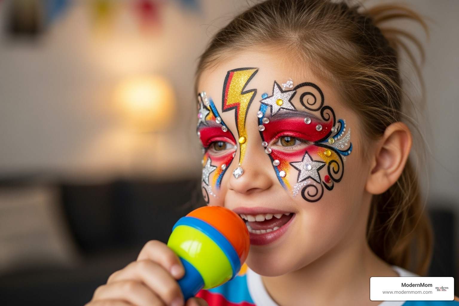 child with fun, sparkly Elton-inspired face paint, holding a toy microphone - elton john diy costume