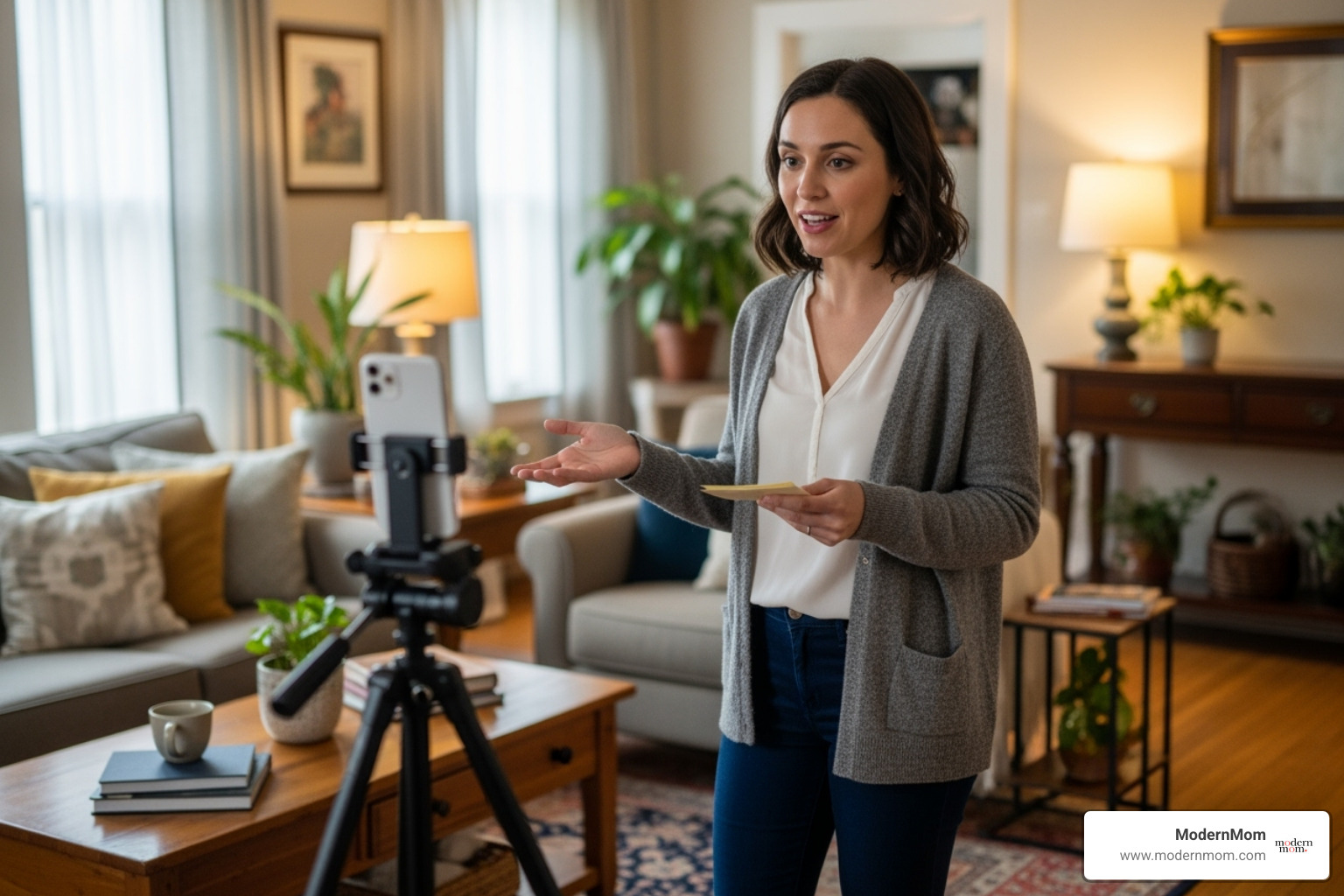 of a woman practicing a speech in her living room using her phone on a tripod - public speaking practice