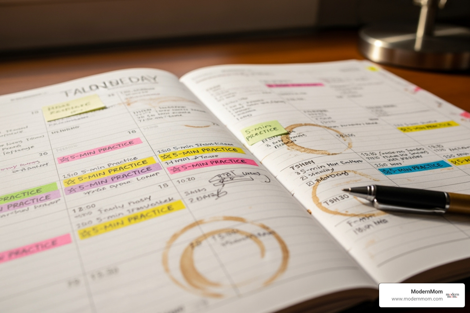 of a calendar with "5-min practice" blocked out each day - public speaking practice