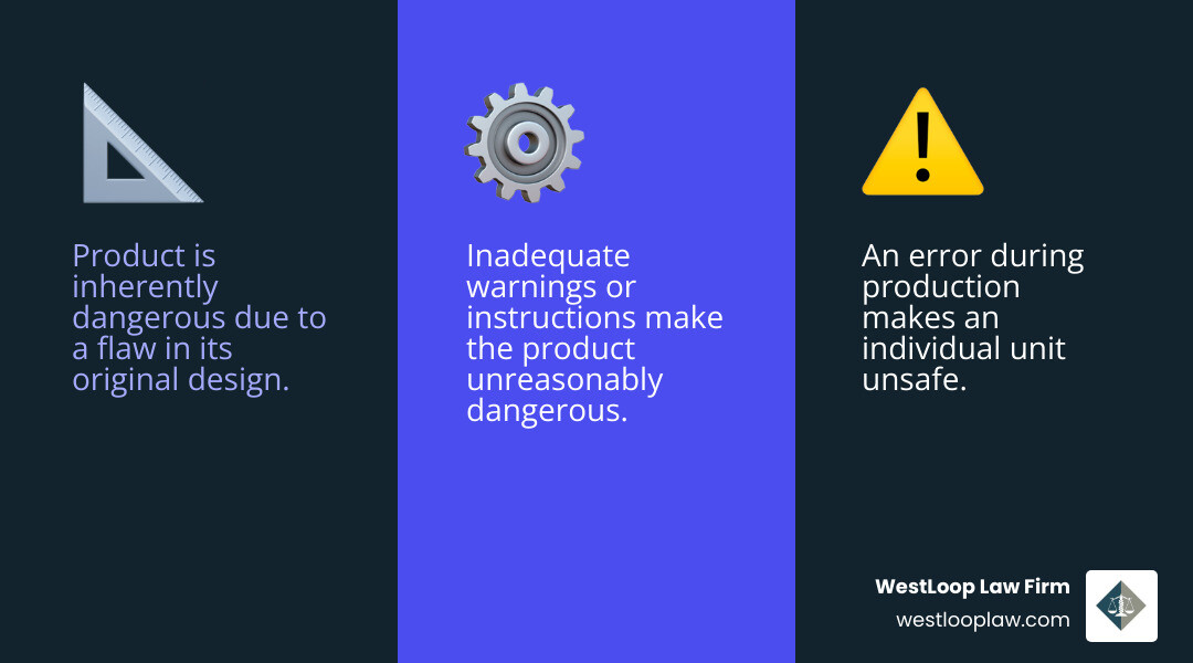 Comprehensive breakdown of the three types of product defects in Texas law - design defects showing inherently dangerous products, manufacturing defects illustrating production errors that make individual units unsafe, and marketing defects displaying inadequate warnings or instructions, with examples and legal standards for each category - houston product liability attorney infographic 3_facts_emoji_blue Comprehensive breakdown of the three types of product defects in Texas law - design defects showing inherently dangerous products, manufacturing defects illustrating production errors that make individual units unsafe, and marketing defects displaying inadequate warnings or instructions, with examples and legal standards for each category - houston product liability attorney infographic 3_facts_emoji_blue